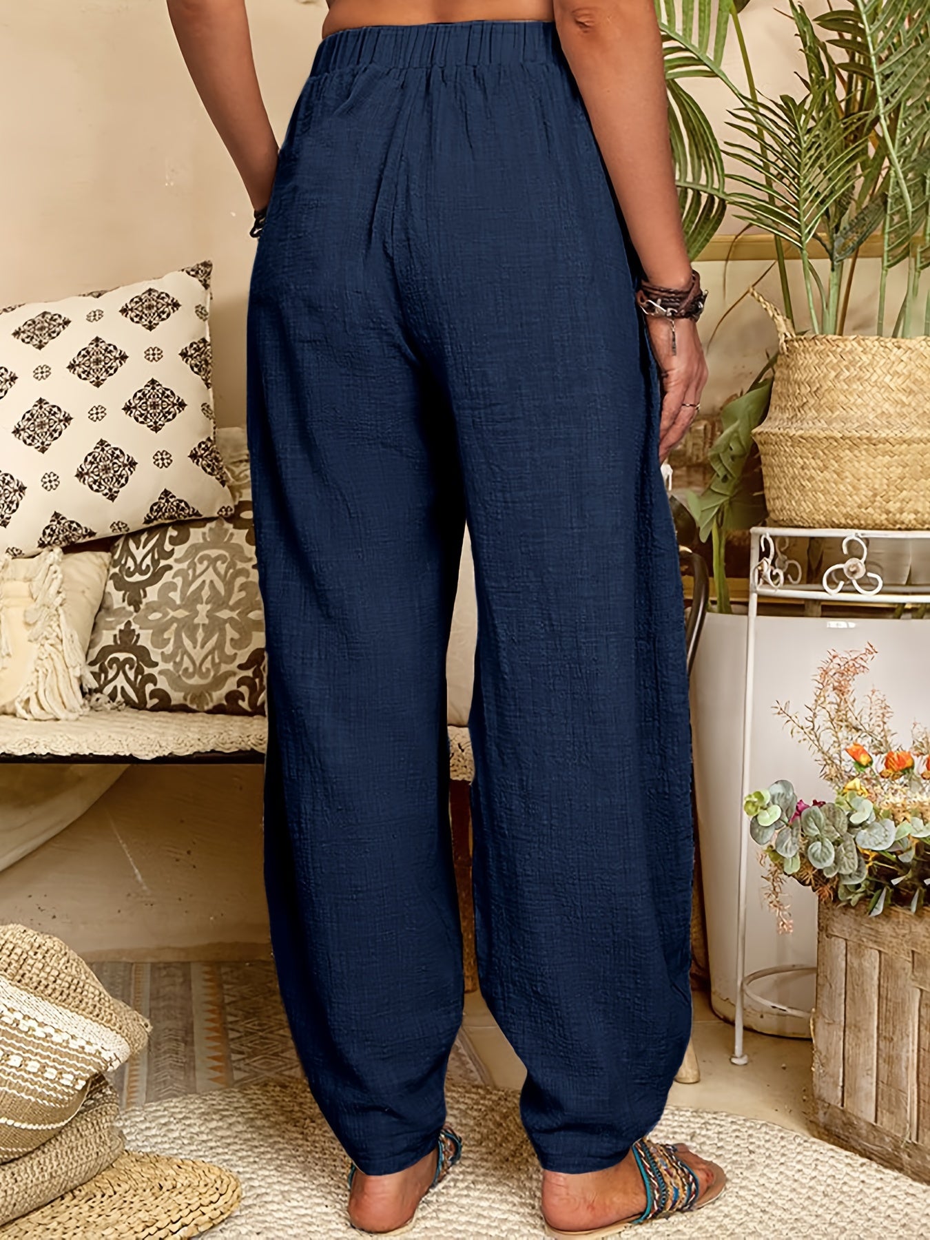 Plus Size Polyester Harem Pants with Elastic Waist Pockets for All Seasons