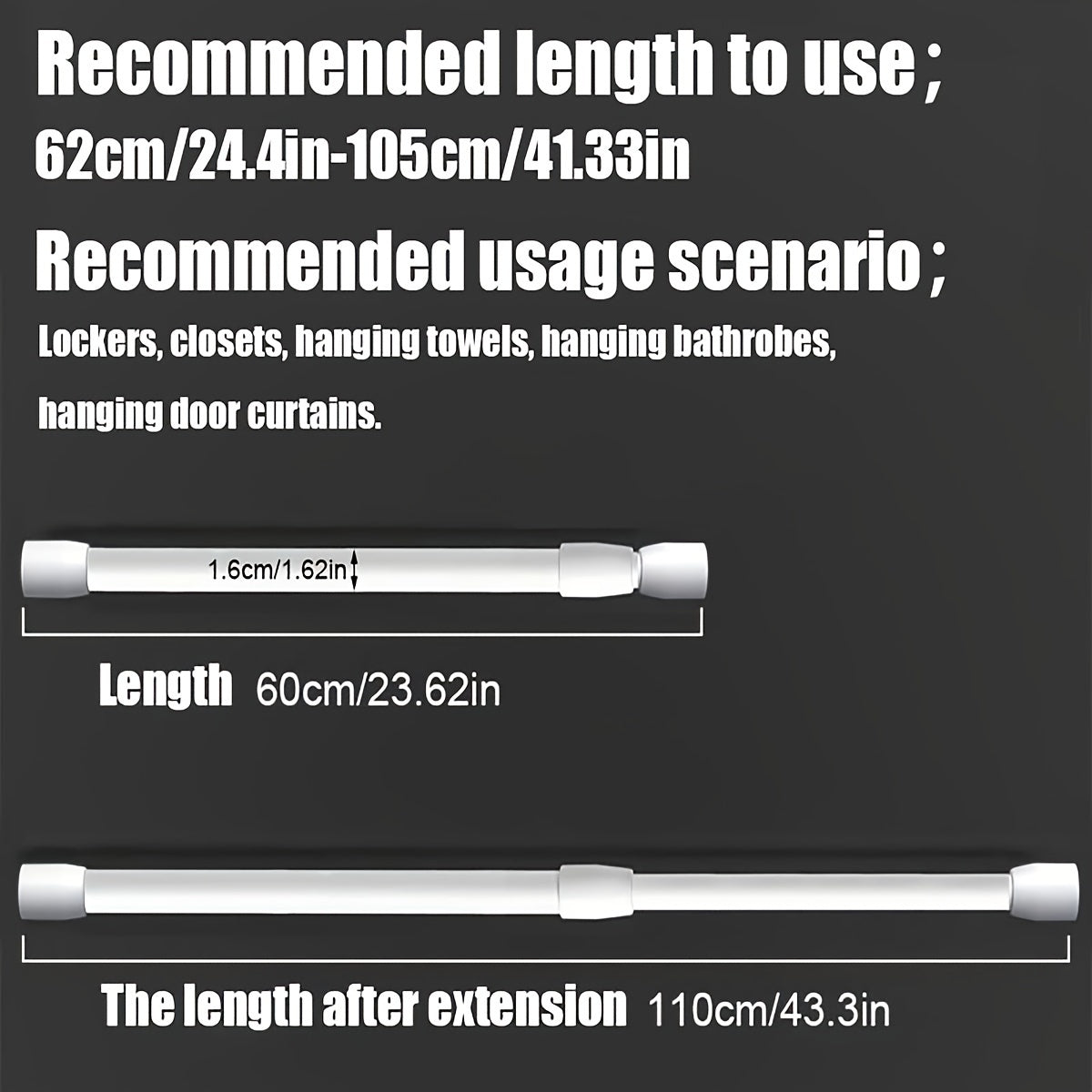 Kuchli prujinali teleskopik tayoq, o'rnatish oson, turli foydalanishlar uchun mos, masalan, dush pardasi, shkafni qo'llab-quvvatlash, sochiq tayoq.