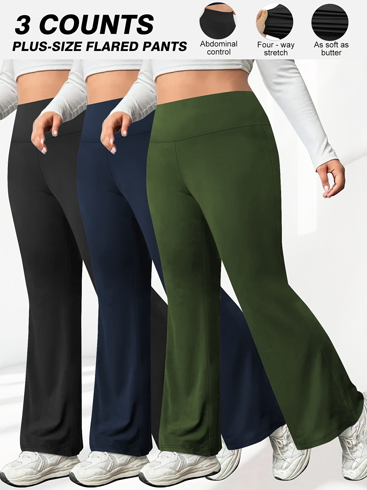 Plus Size Flare Leg Pants Pack High Waist Polyester Knit Stretchy Spring Summer Fall