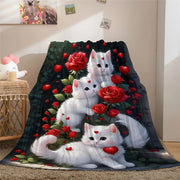 Rose Cat Flannel Throw Blanket Soft Polyester All-Season Cozy Couch Car Office Picnic Camping