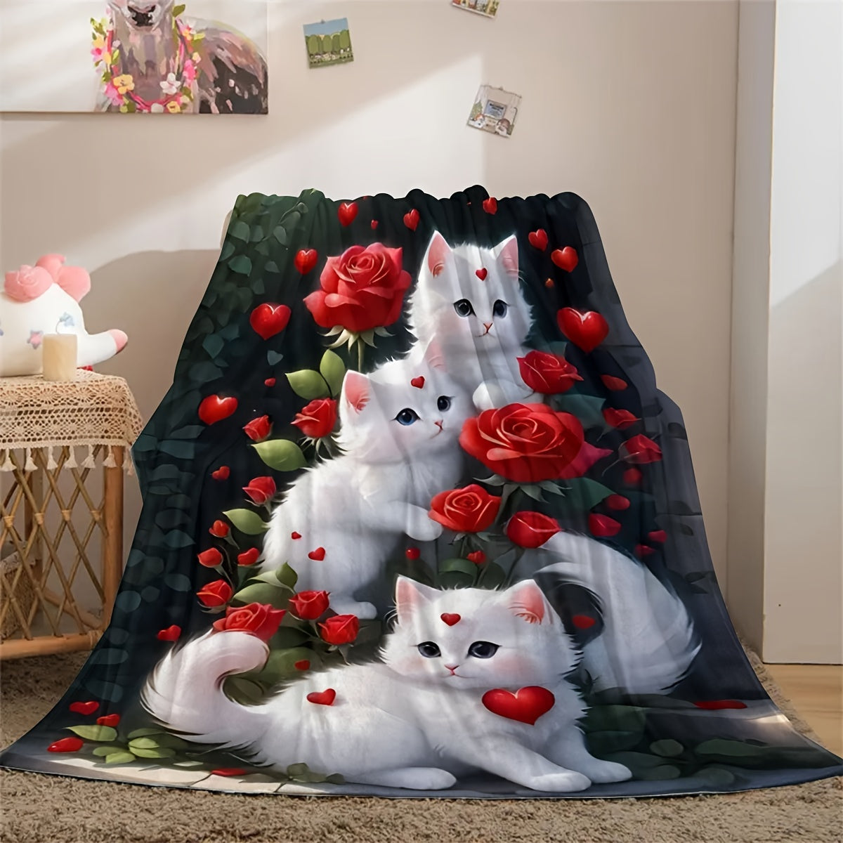 Rose Cat Flannel Throw Blanket Soft Polyester All-Season Cozy Couch Car Office Picnic Camping