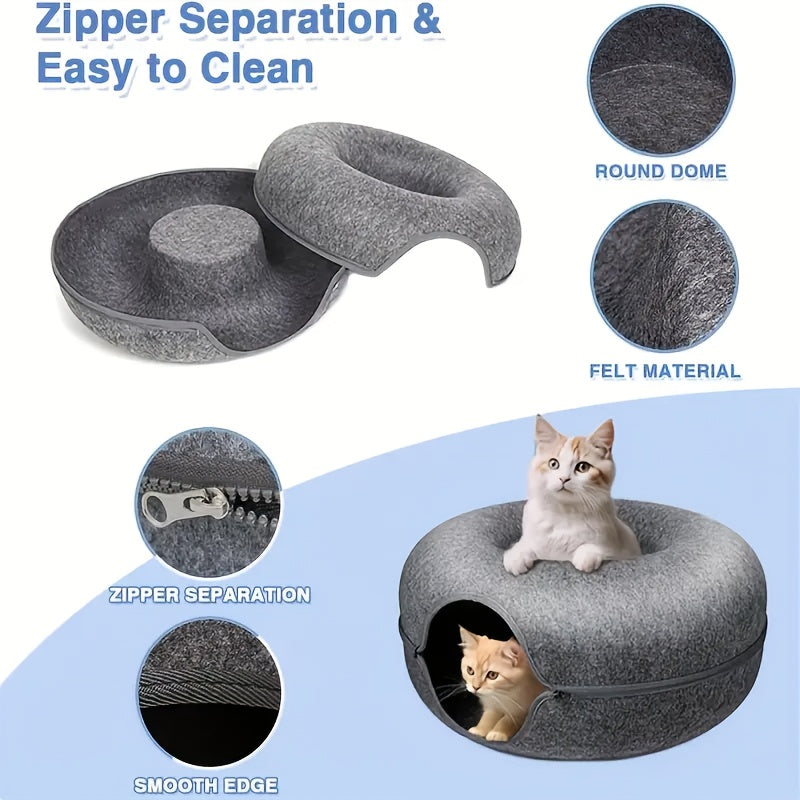 Donut-Shaped Cat Bed with Felt Tunnel and Canvas House for Small to Medium Cats Ferrets and Rabbits