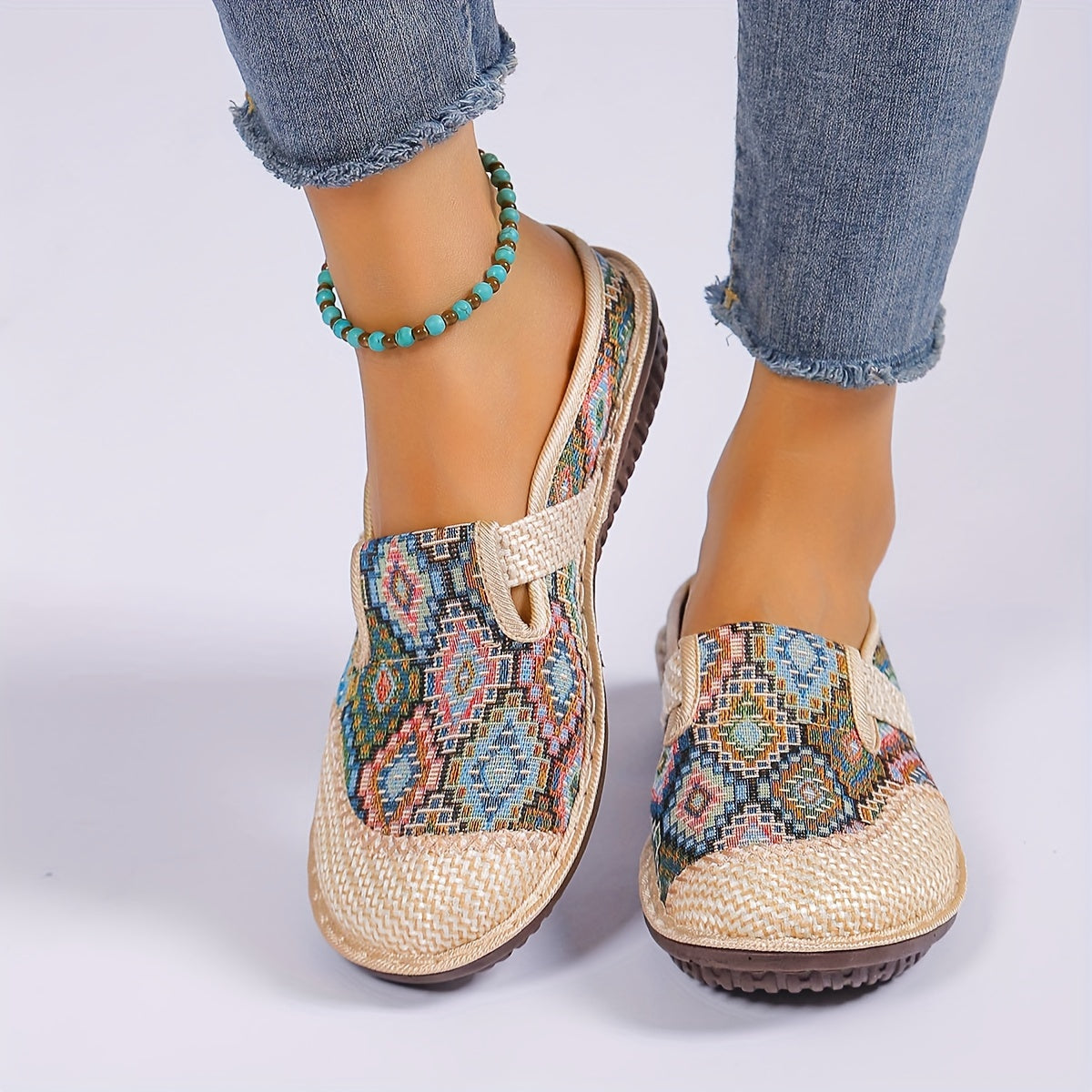 Women's Geometric Linen Mules with Round Toe Non-slip Flat Shoes