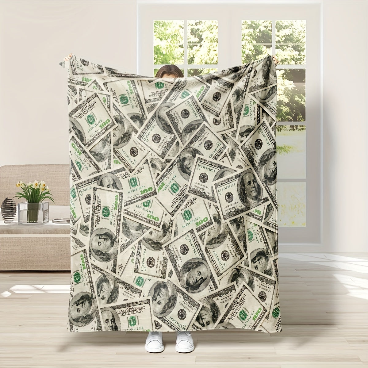 Soft Flannel Blanket with Dollar Print for Nap Time Travel and Gifting