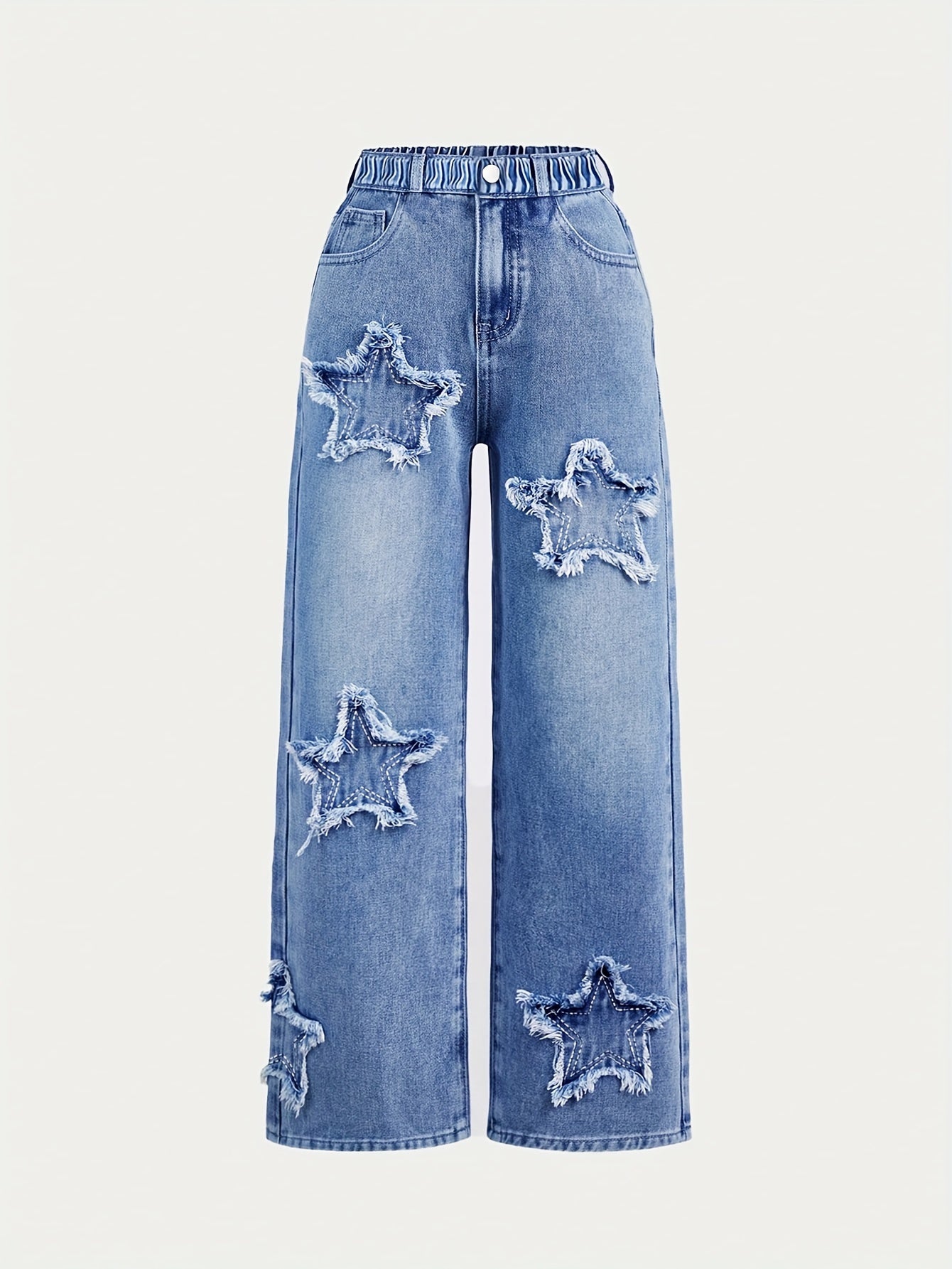 Girls Straight Leg Jeans with Embroidery and Elastic Waist for All Seasons