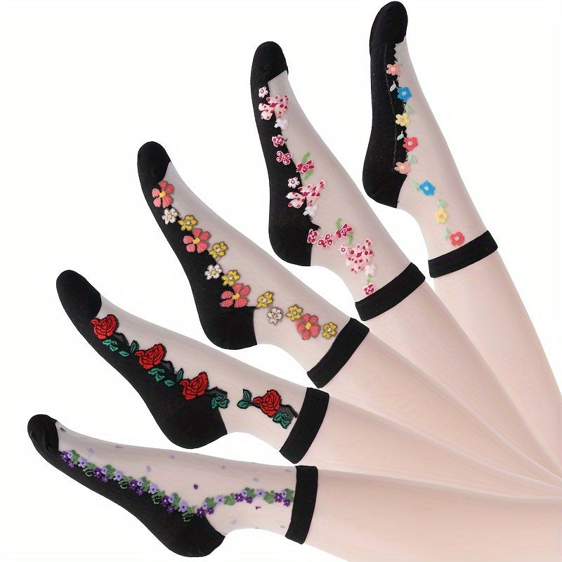 Women's Mesh Short Socks 5 Pairs Floral Pattern Breathable Lightweight Black Multicolor