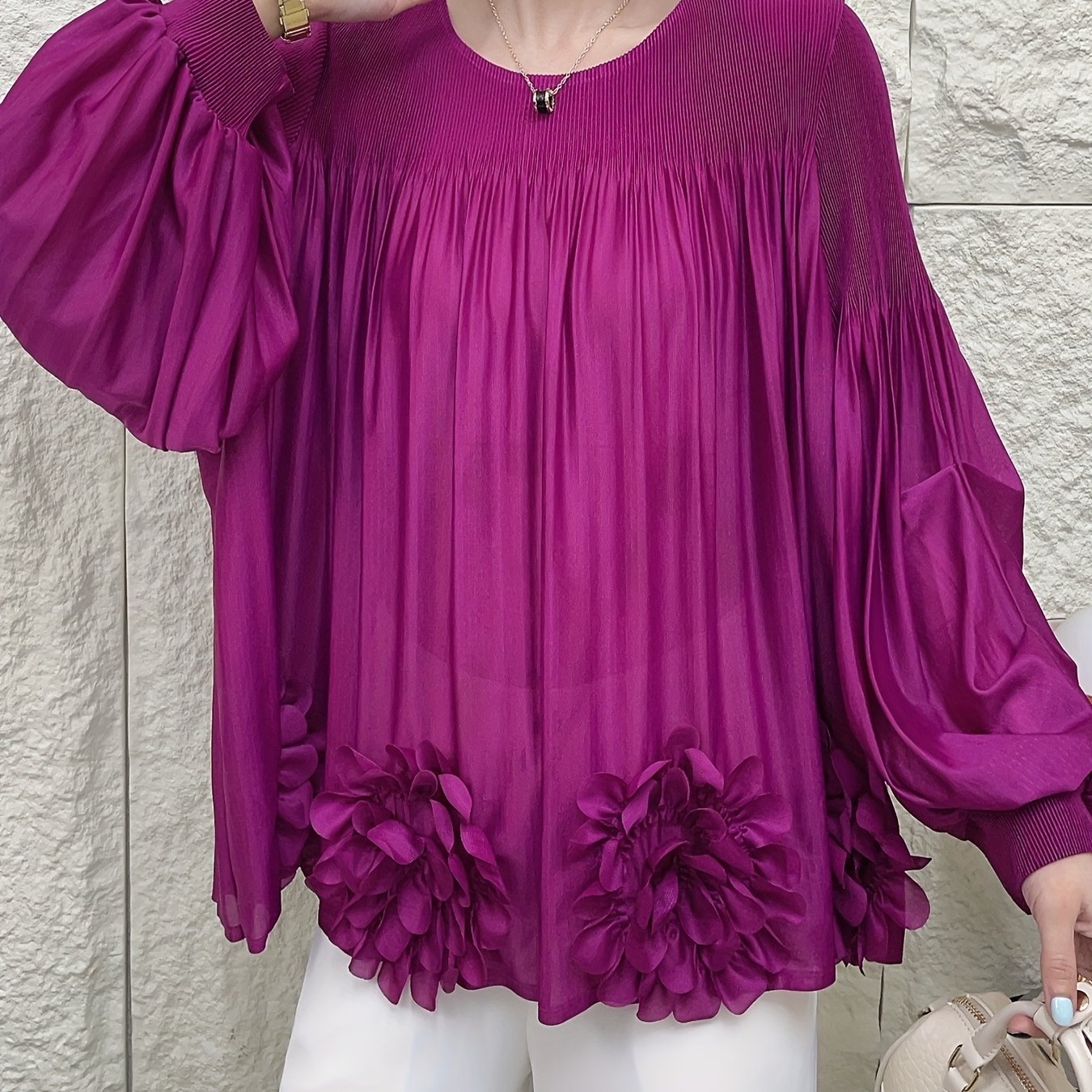 Women's Oversized Pleated Blouse with Floral Applique Light Blue Long Sleeve
