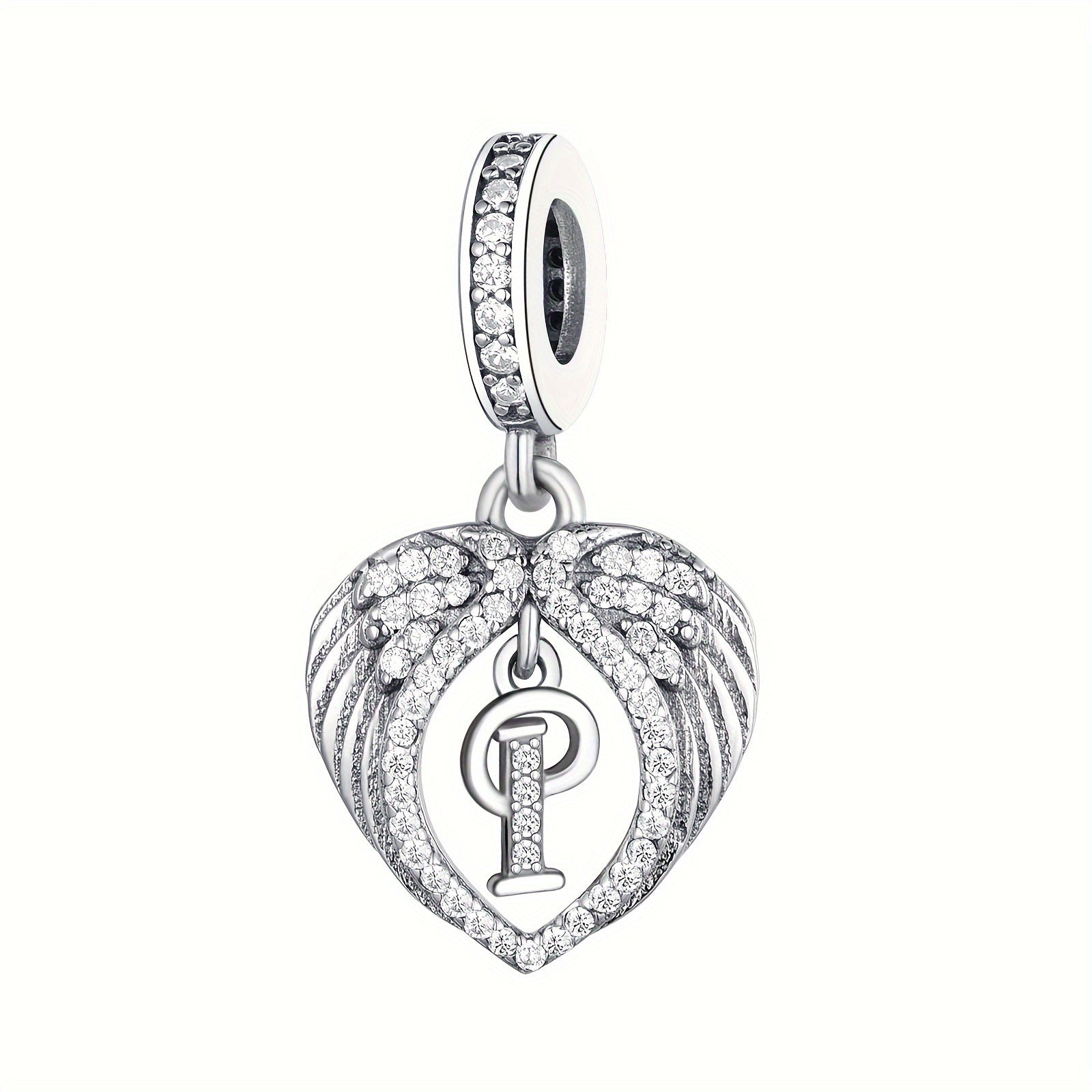 Sterling Silver Heart-Shaped Wing Pendant with Zircon Letter for DIY Jewelry