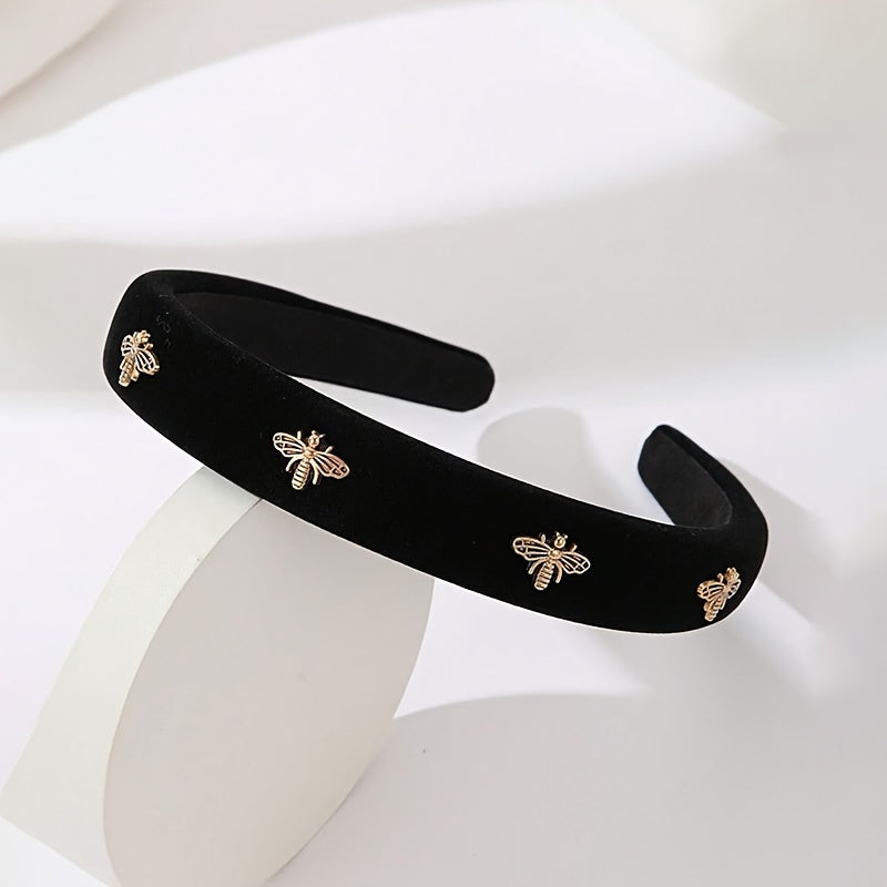 Black Velvet Headband with Golden Bee Embellishments for Women Valentine’s Day