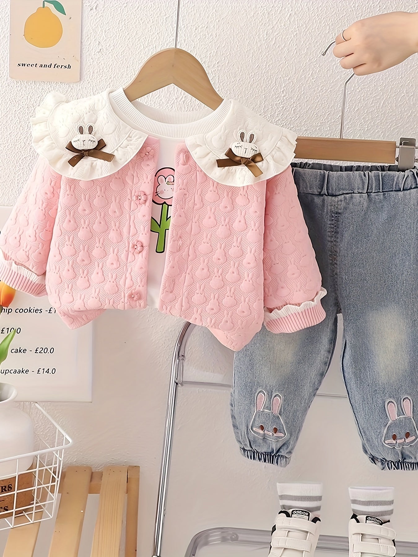 Girls' 3-Piece Spring Autumn Fashion Set with Floral Print Ruffle Collar Denim Pants