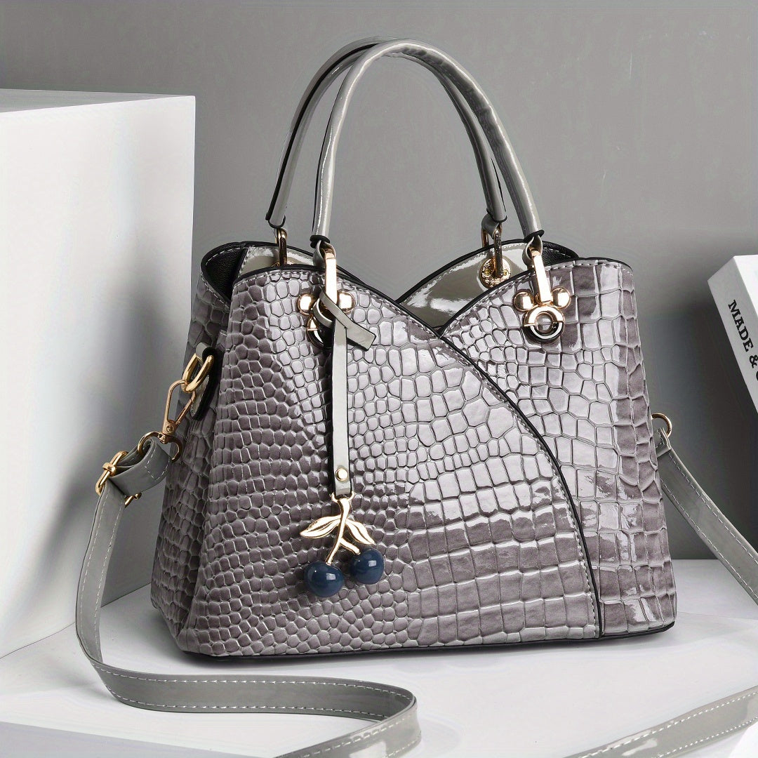 Crocodile Embossed Tote Bag with Cherry Pendant PU Checkered Zipper Closure