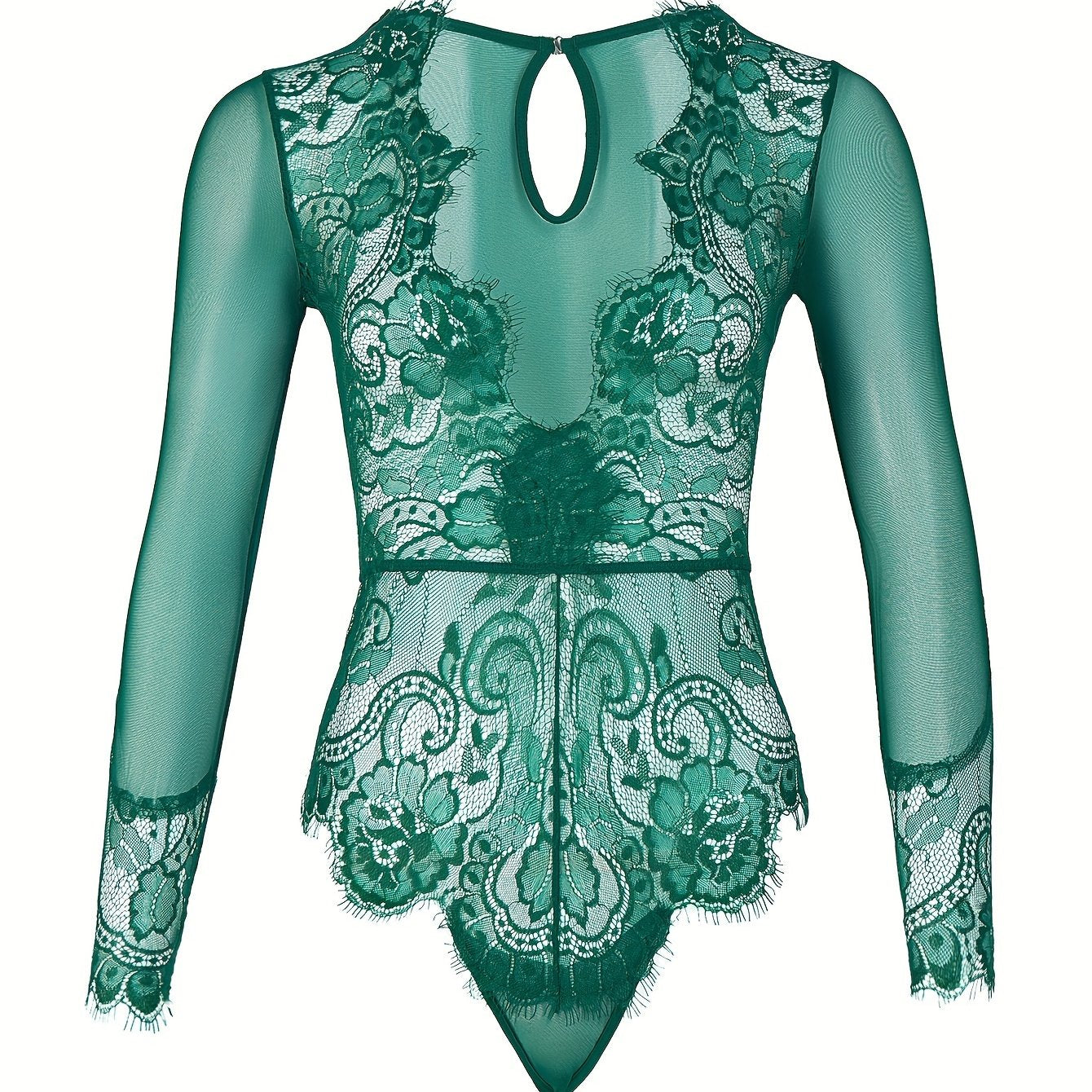 Body de encaje verde para mujer con patrón floral, cuello alto, manga larga, escote en forma de ojal y lencería en la espalda