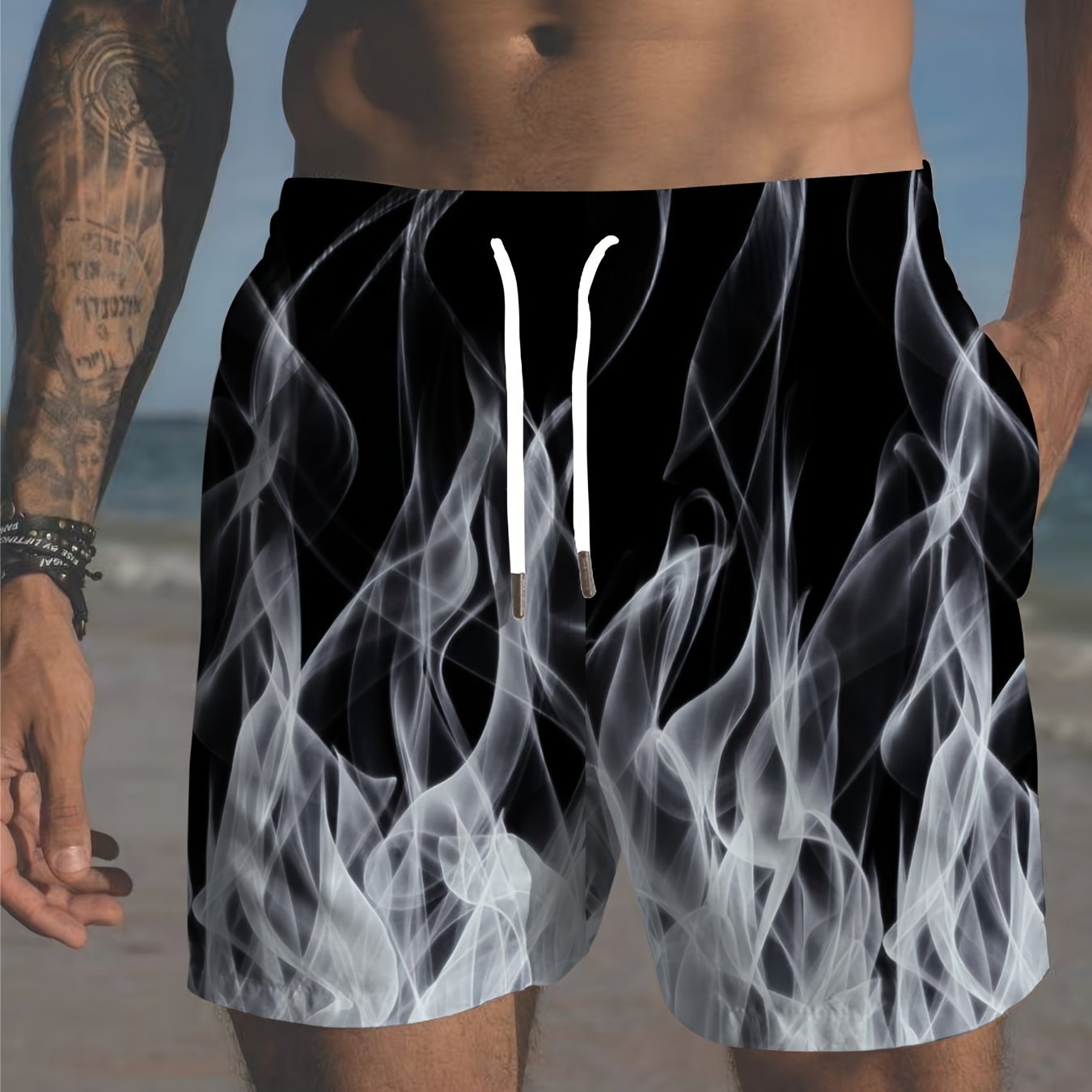 Bañadores cortos de playa para hombre con estampado de llamas, ropa de baño casual con bolsillos de cordón