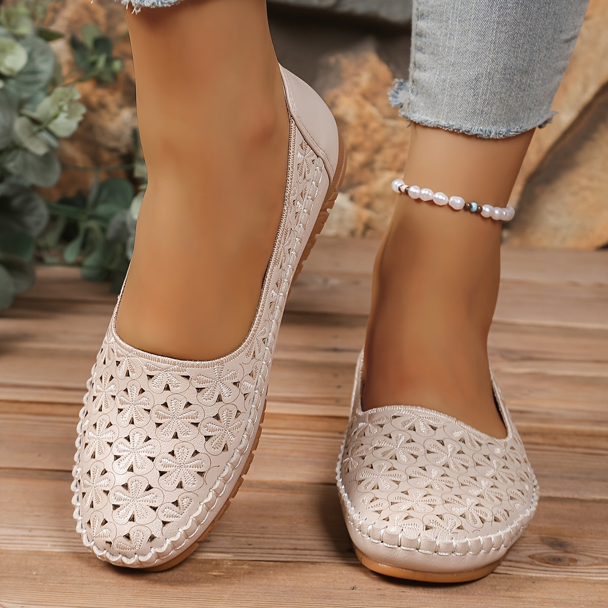 Women's White Cut-Out Slip-On Flats Synthetic Casual Shoes TPR Sole