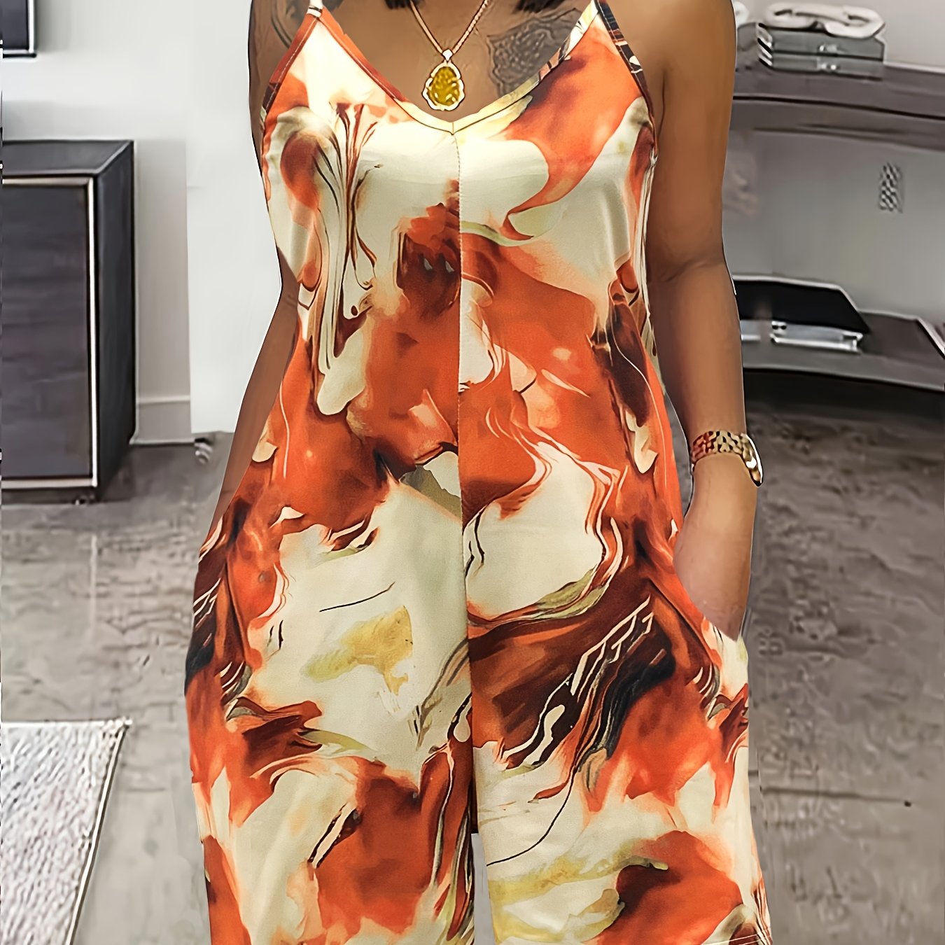 Vestido de verano para mujer con escote en V y estampado de mármol naranja con bolsillos