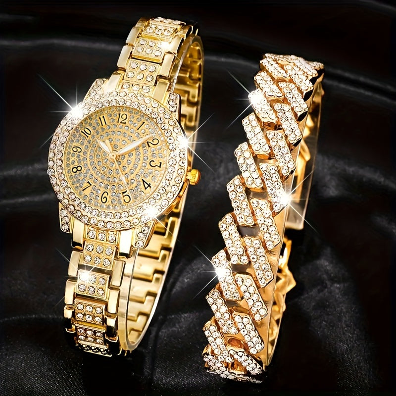 2-Piece Ladies Watch Set Quartz Watch and Hip Hop Bracelet Fashion Casual Jewelry