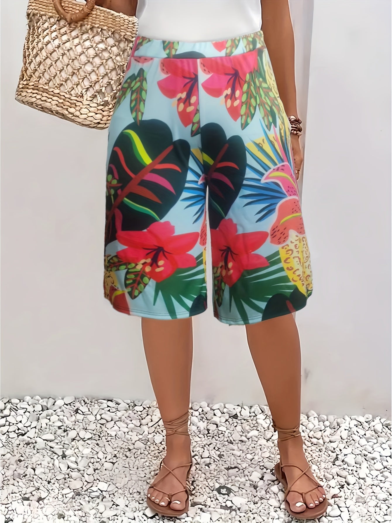 Women's Floral Print Stretch Wide-Leg Capri Pants Summer Casual Trousers