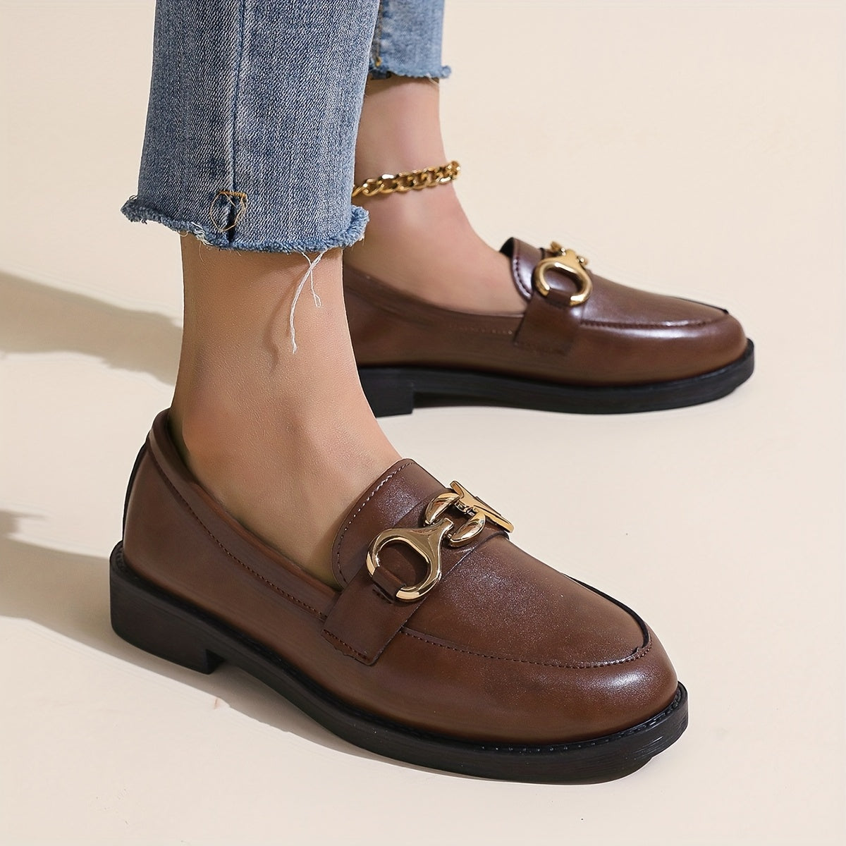 Women's Leather Platform Loafers with Buckle Comfort Slip-On All-Season