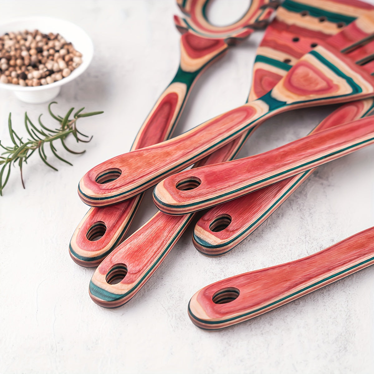 Pink Wooden Kitchen Utensil Set 7-Piece Non-Stick Heat-Resistant Cooking Tools