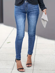 Ayollar uchun ko'k elastik denim skinny jinslar Water Wave Wash
