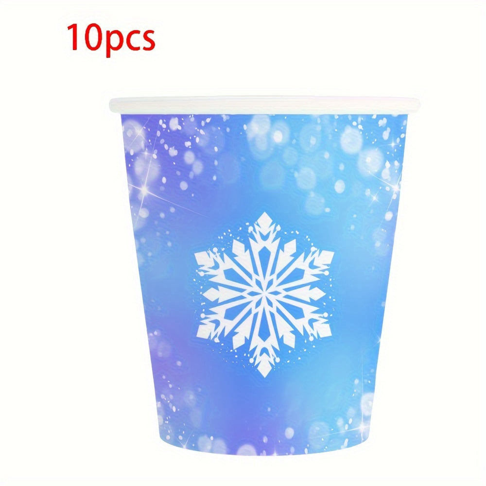 Paquete de suministros para fiesta de invierno congelado, platos de papel con copos de nieve, servilletas, vasos, 10 piezas