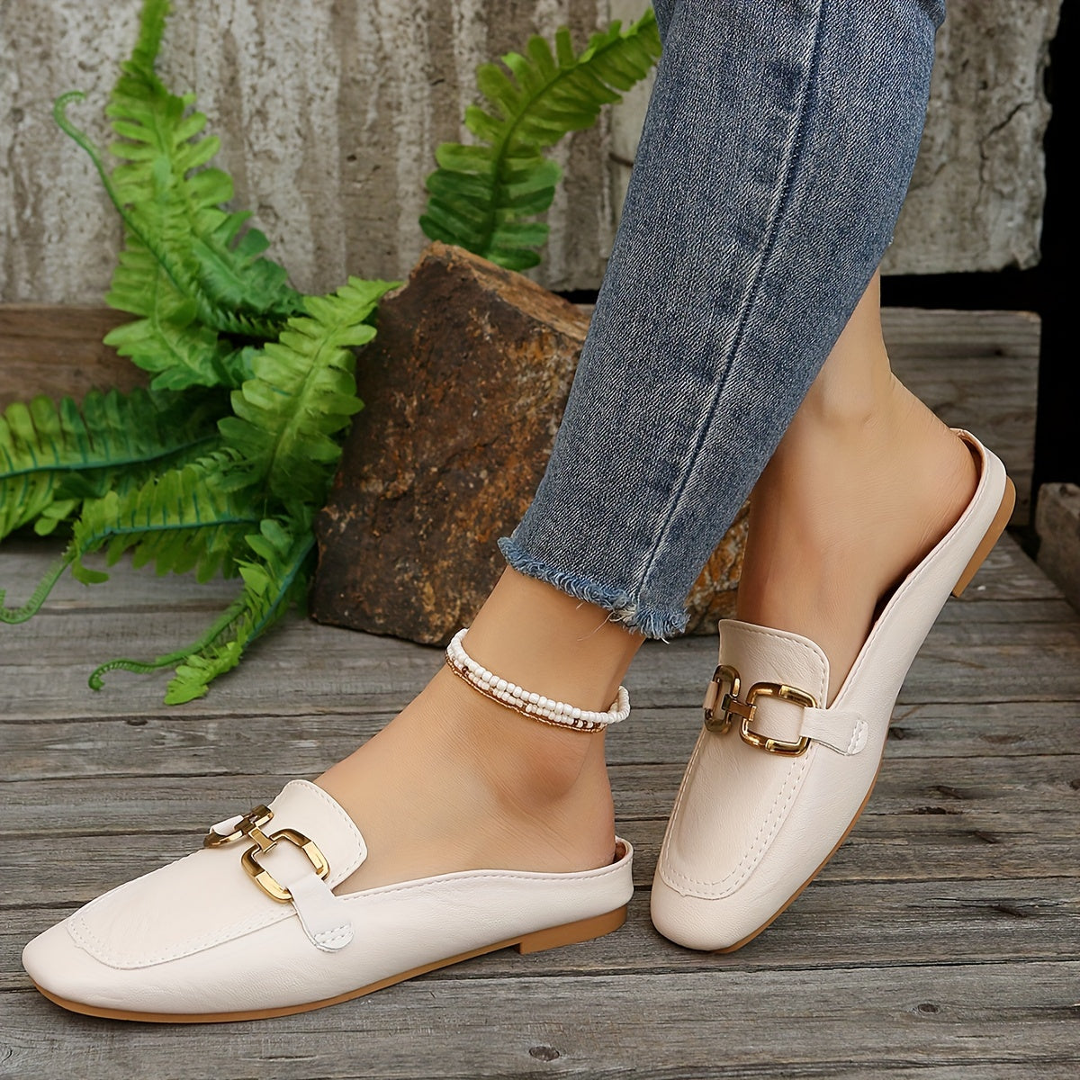 Women's Vintage Metal Decorative Flat Mules Slip-On Shoes Size 35-43