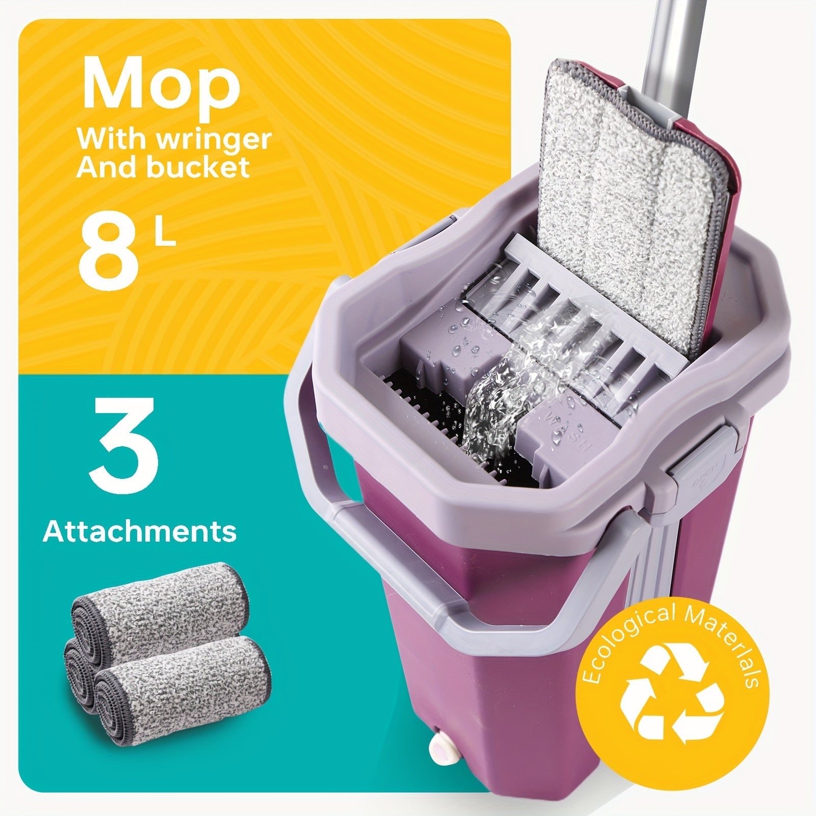8L Manual Mop and Bucket Set with Microfiber Pads for Floor Cleaning