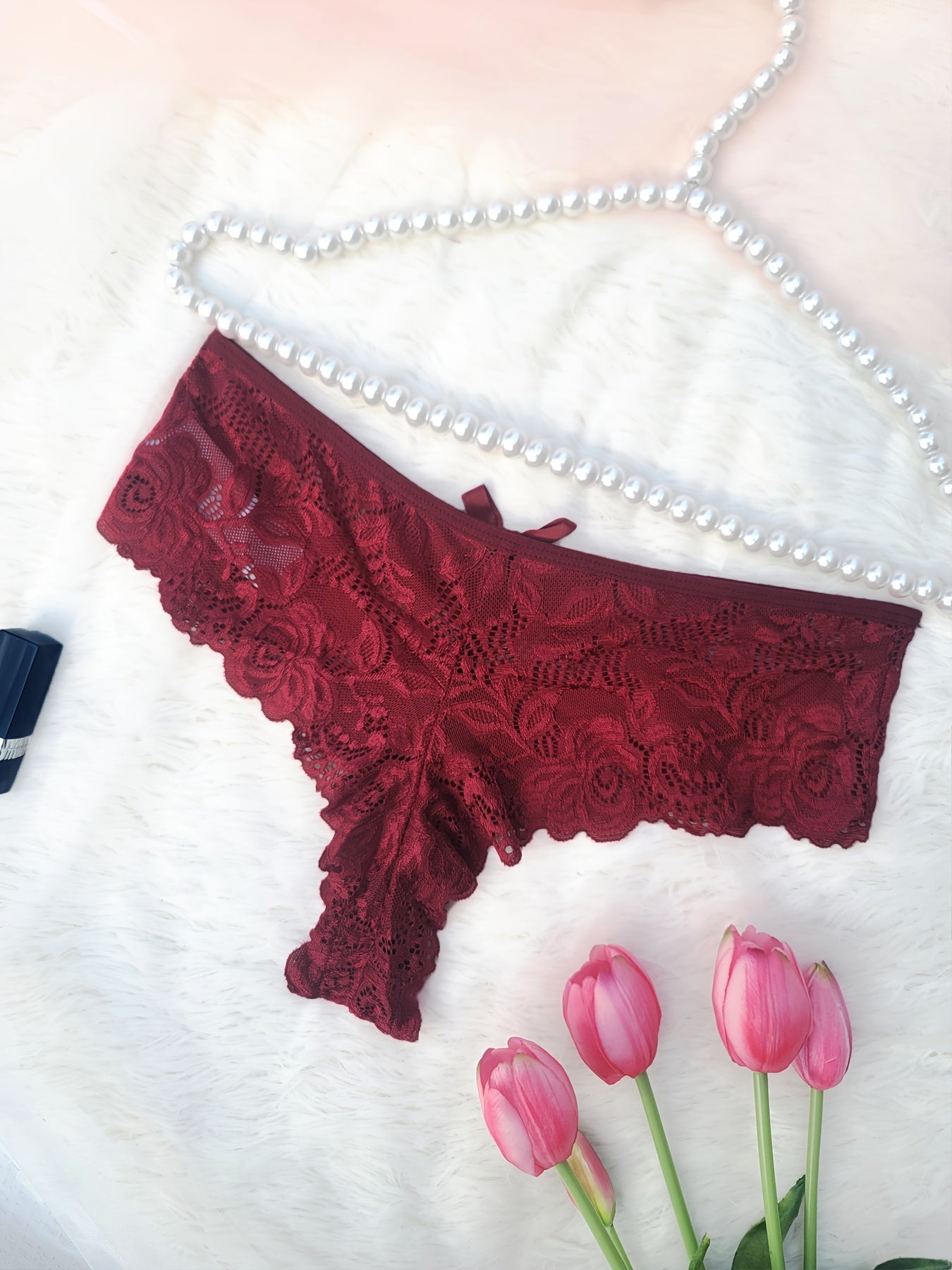 Bragas de encaje transparente de talla grande para mujer, con borde de encaje, flores rojas, de tiro medio