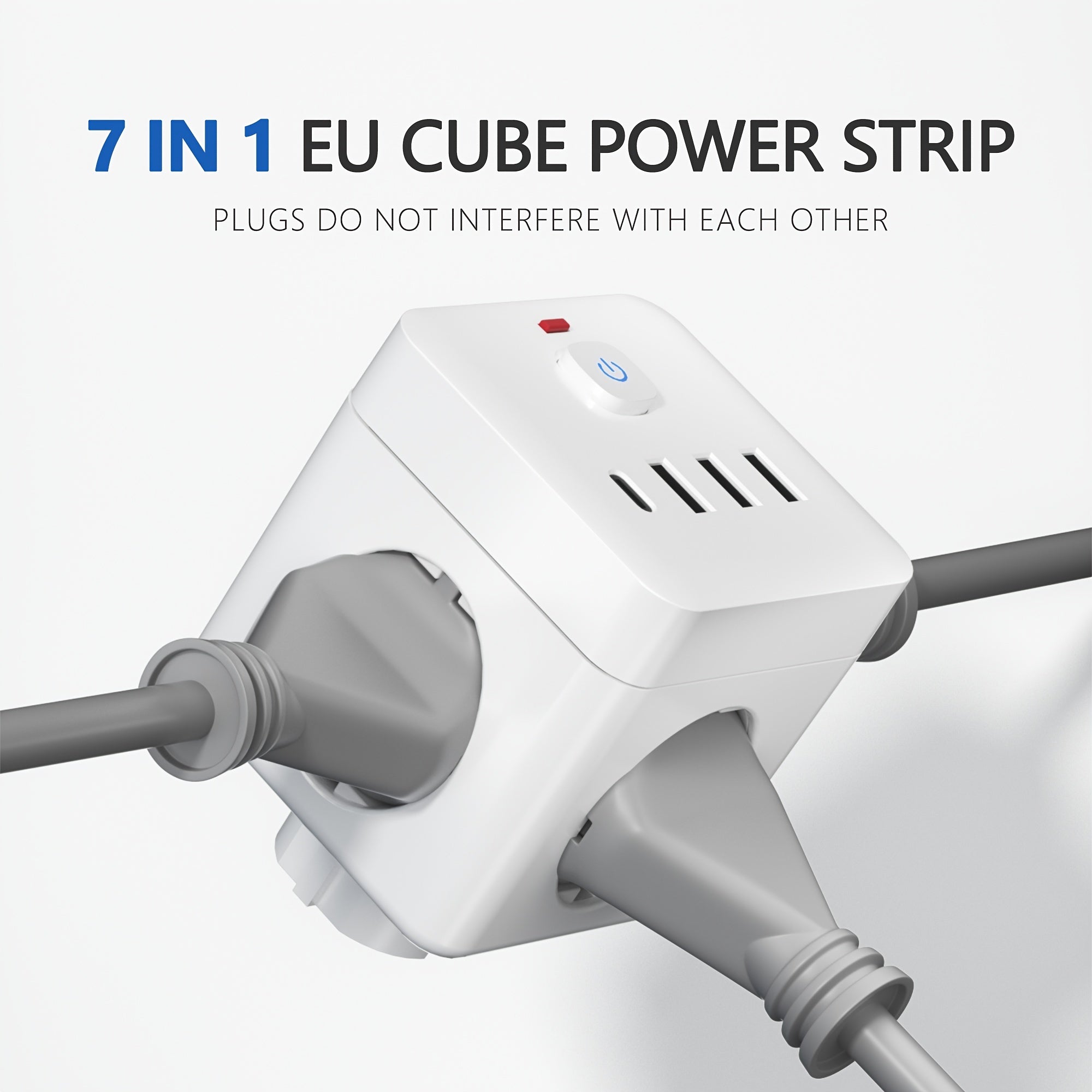 EU Power Strip with 7-in-1 Surge Protector 3 AC Outlets 3 USB Type-C for Home Office Travel