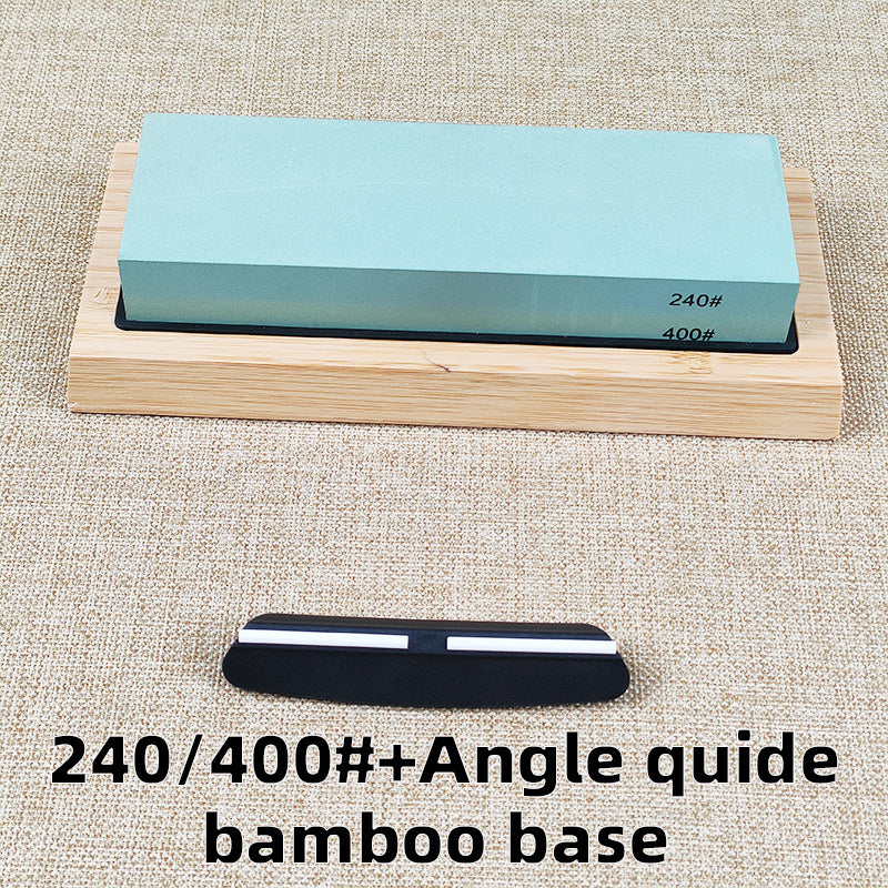 Juego de afilado de cuchillos con piedra de afilar de 2 etapas, base de bambú y guía de mango de madera