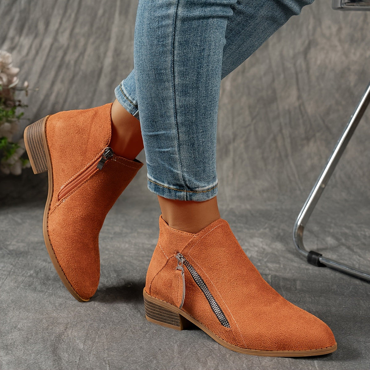 Women Velvet Ankle Boots Solid Color Chunky Heel Side Zipper Pointed Toe