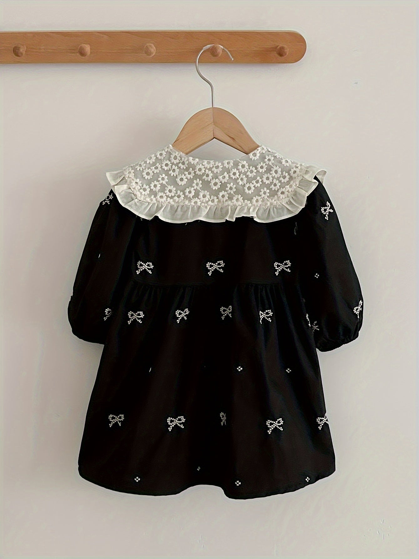 Girls' Navy Blue Cotton Princess Dress with Bow Ruffled Collar and Long Sleeves
