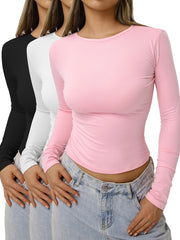Set of 3 Solid Color Long-Sleeve Polyester T-Shirts for Adults Casual Wear