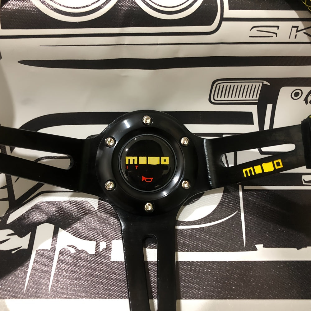 Universal Leather Racing Steering Wheel 14 Inch Deep Dish Yellow Stripe