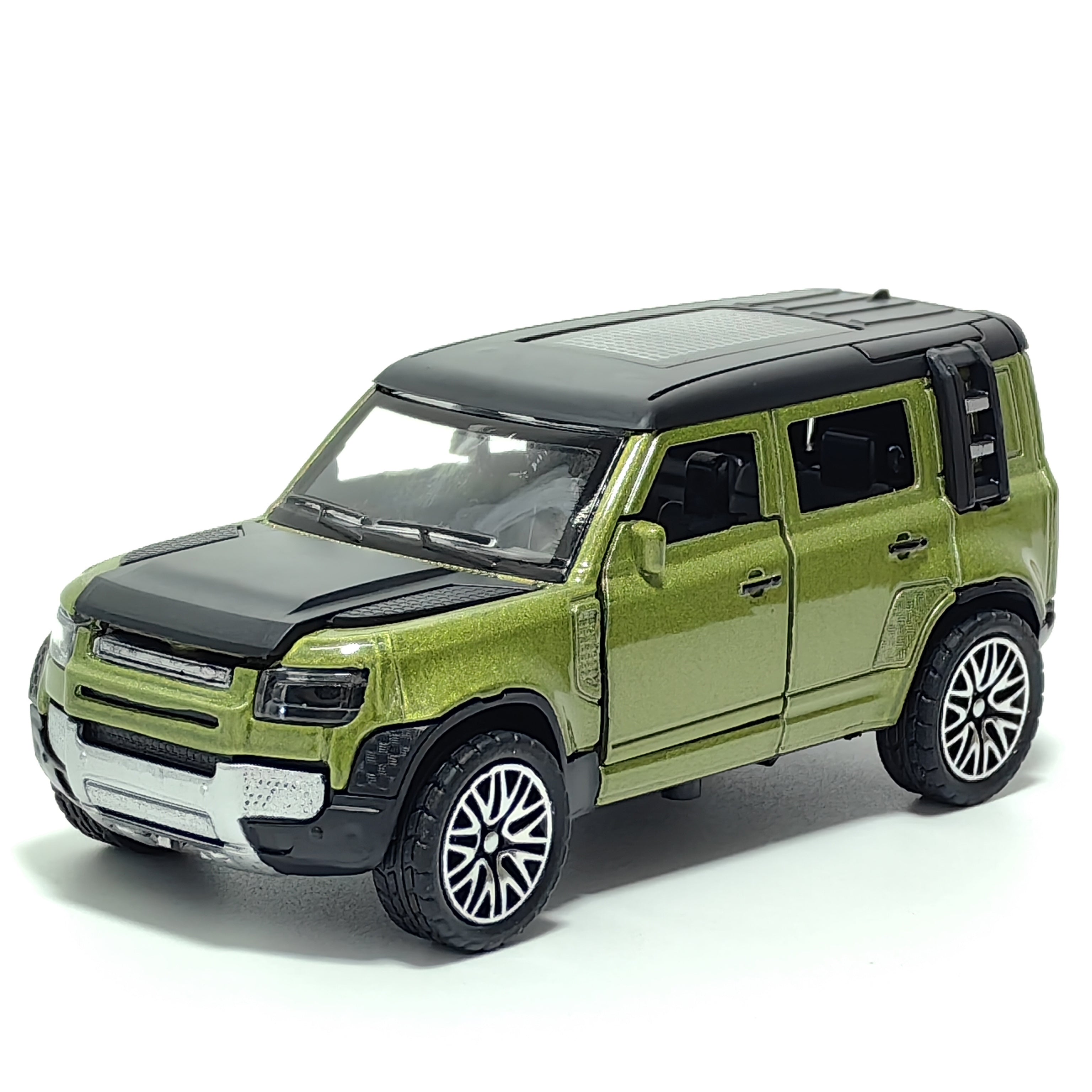 Modelo de coche deportivo de metal en azul y negro con puertas que se abren, ideal para exhibir y coleccionar