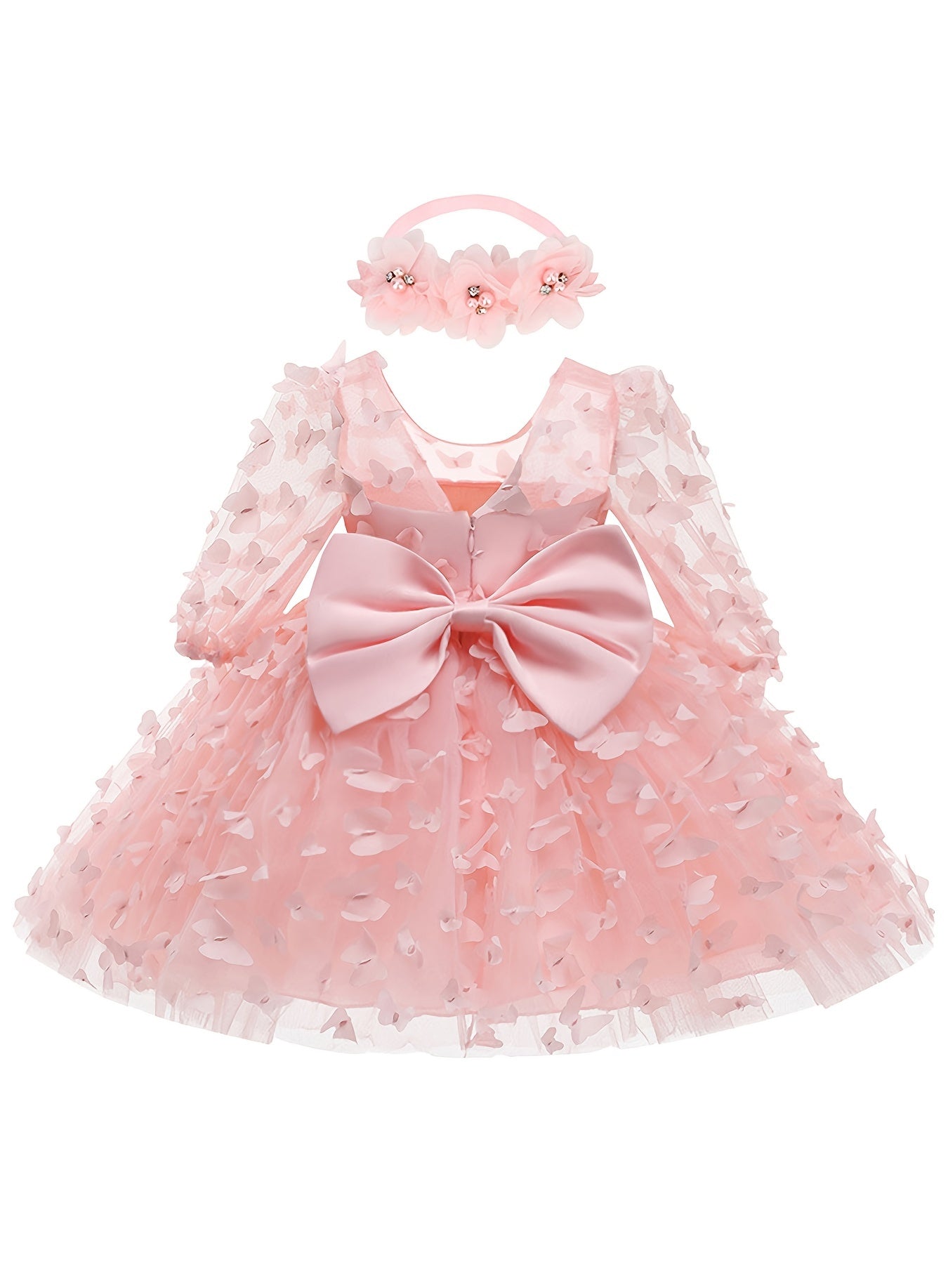 Baby Girls Butterfly Mesh Dress Set with Headband Long Sleeve Floral Midi Cotton Polyester