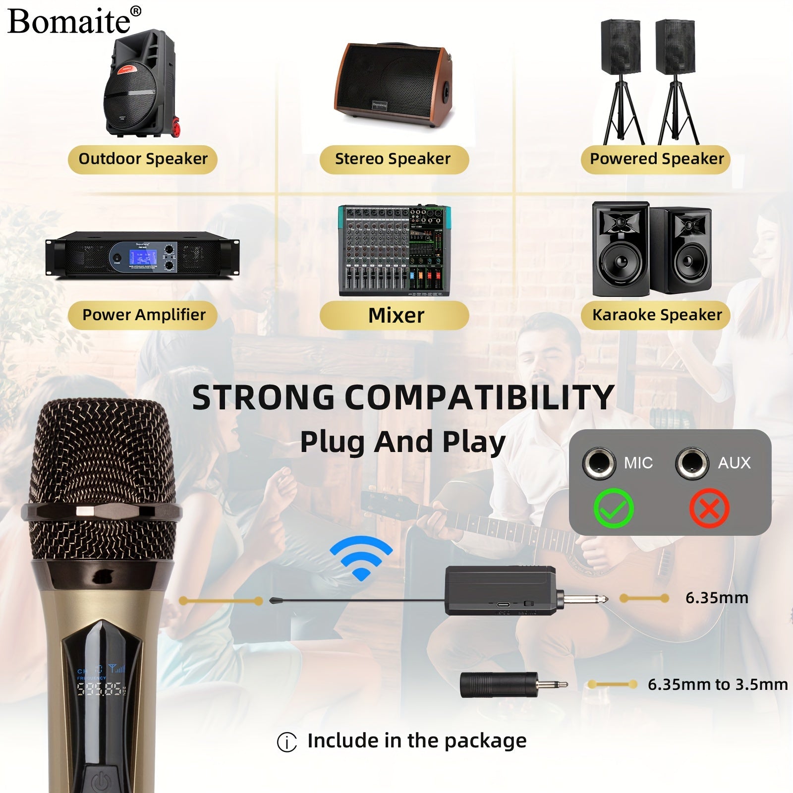 Wireless Handheld Microphone System Rechargeable Karaoke Mic with USB Charging for Events