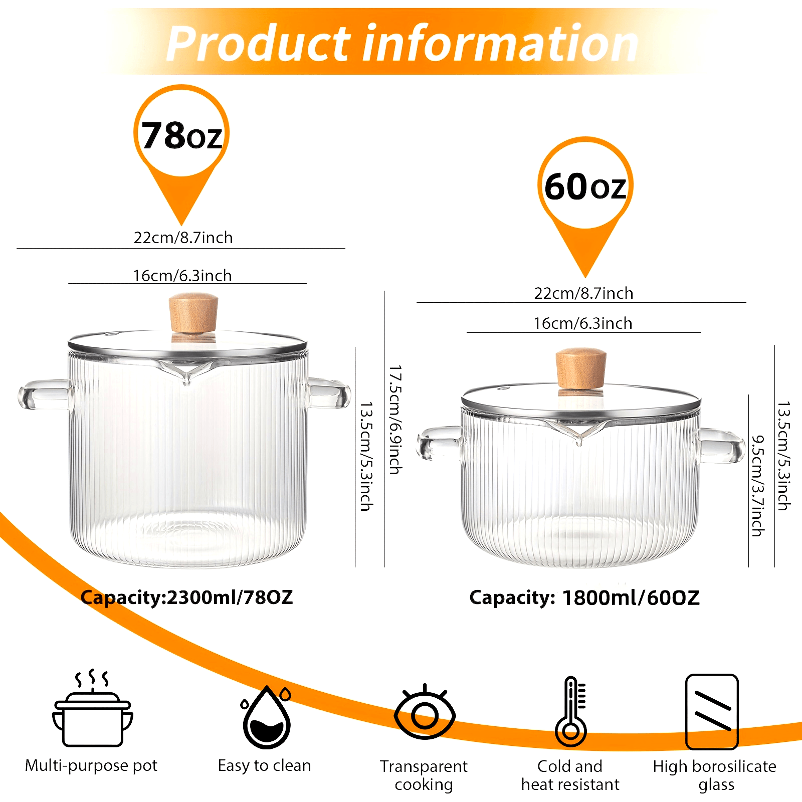 Glass Saucepan with Lid and Handle, Borosilicate Cookware for Stovetop, 1-2 Pieces