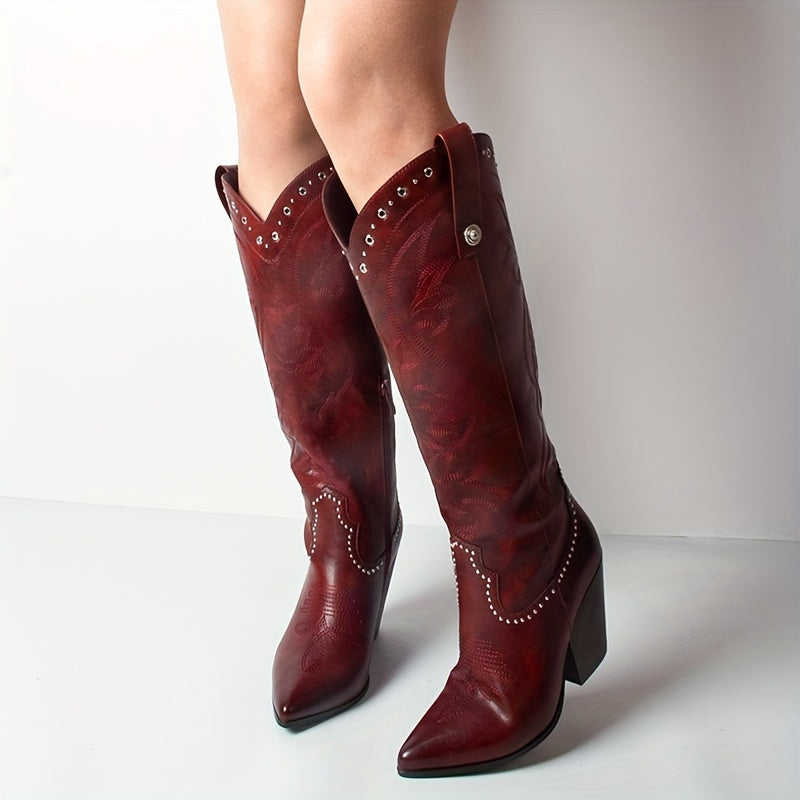 Women's Western Cowgirl Boots Red Knee-High Zipper Chunky Heel Pointed Toe