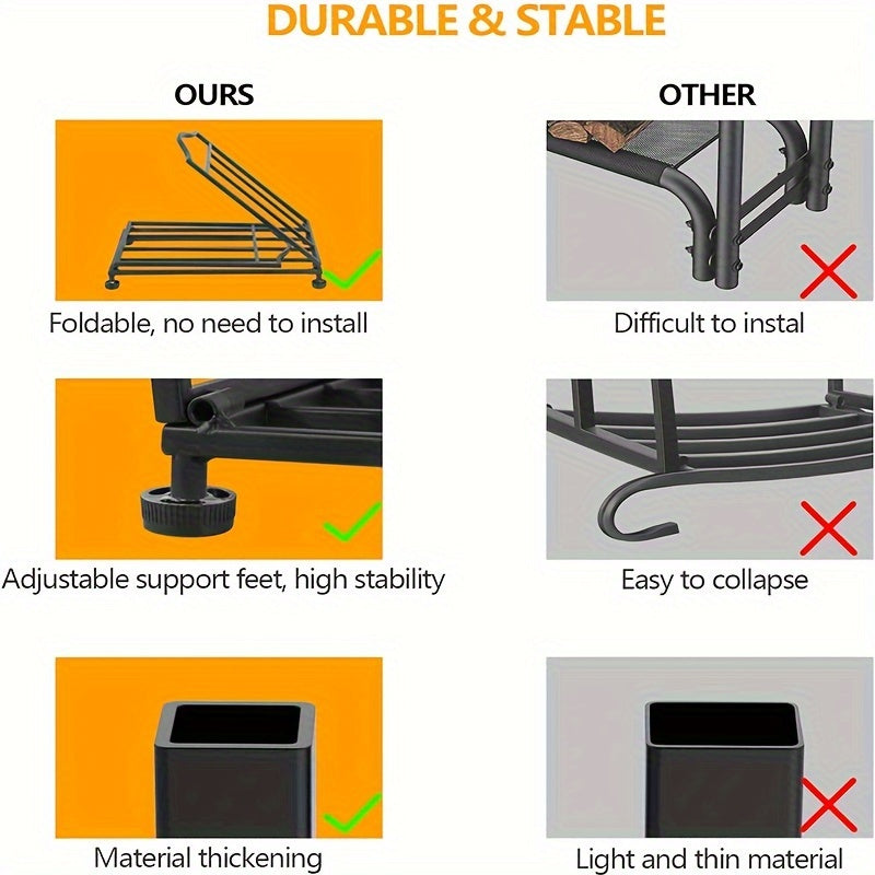 Black Stackable Log Organizer Collapsible Metal Firewood Rack for Outdoor Storage