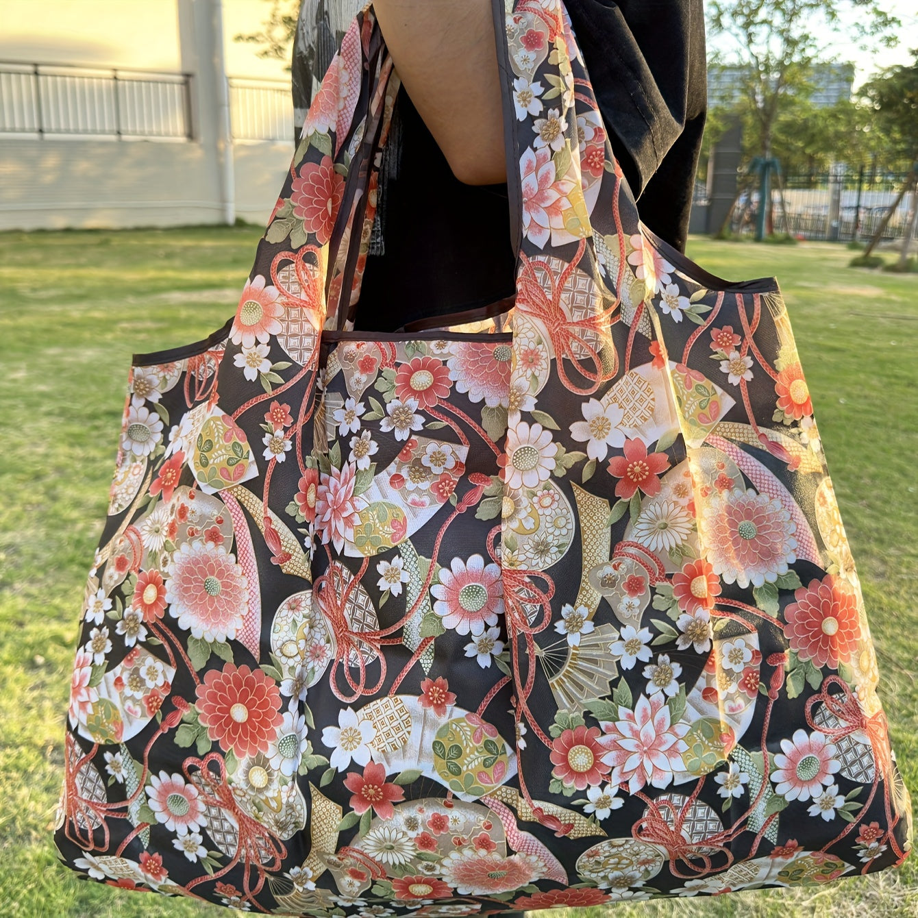 Large Waterproof Tote Bag with Cartoon Flower Pattern Lightweight and Spacious
