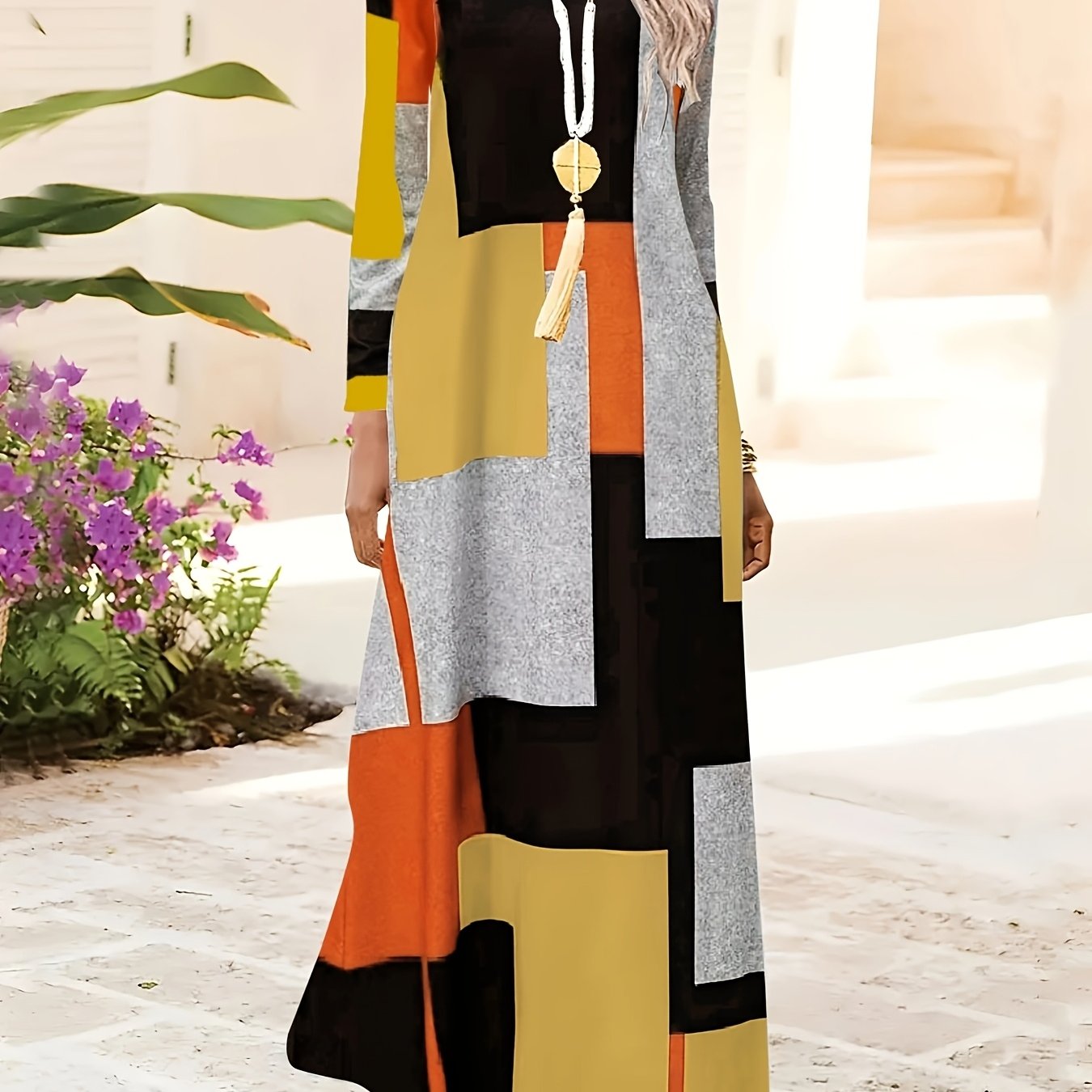 Plus Size Women's Geometric Print Knit Dress with Long Sleeves Crew Neck Casual Fit and Flare