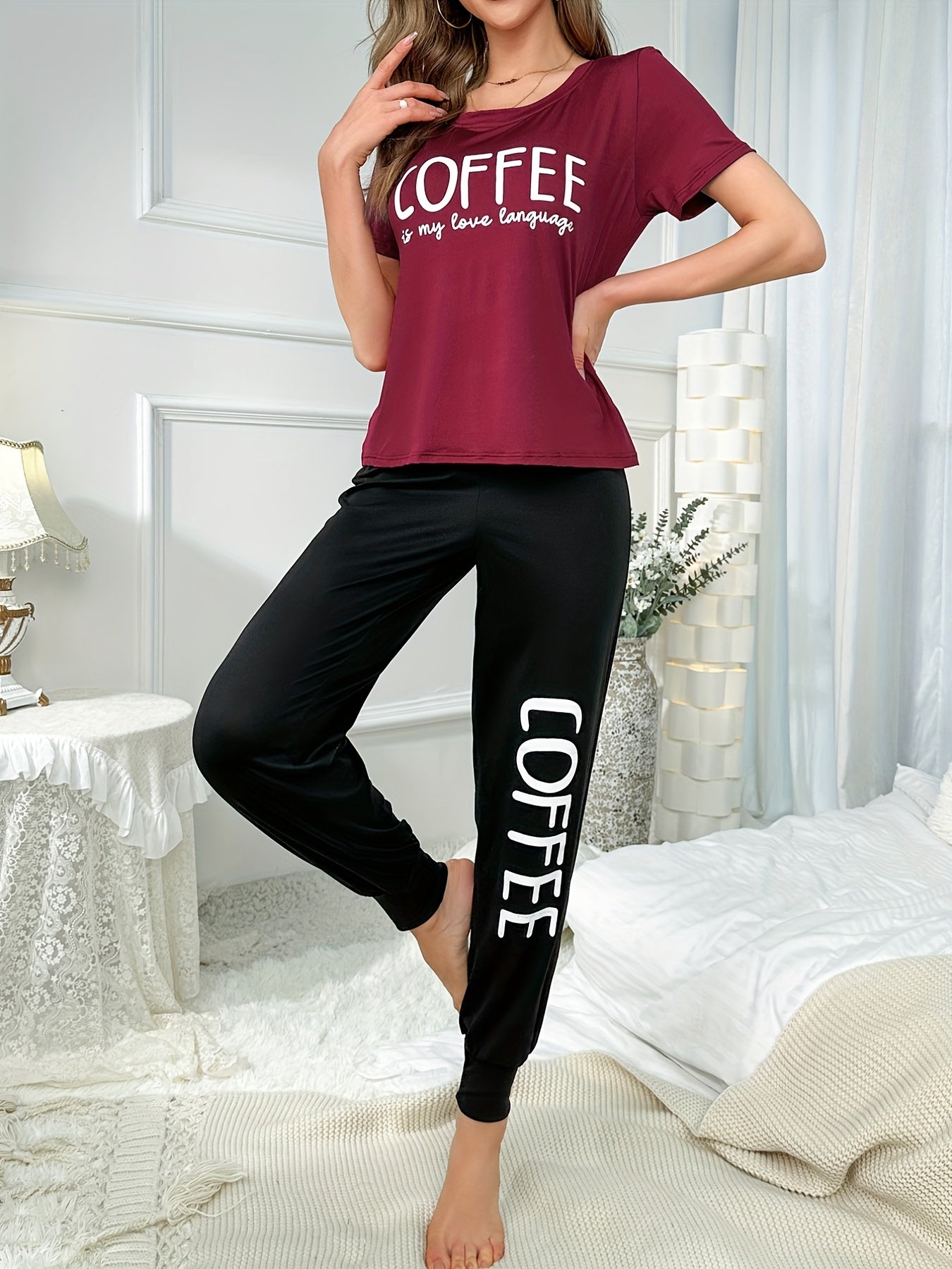 Women's Coffee Letter Pattern Lounge Set Short Sleeve Top and Elastic Pants for Sleep and Lounge
