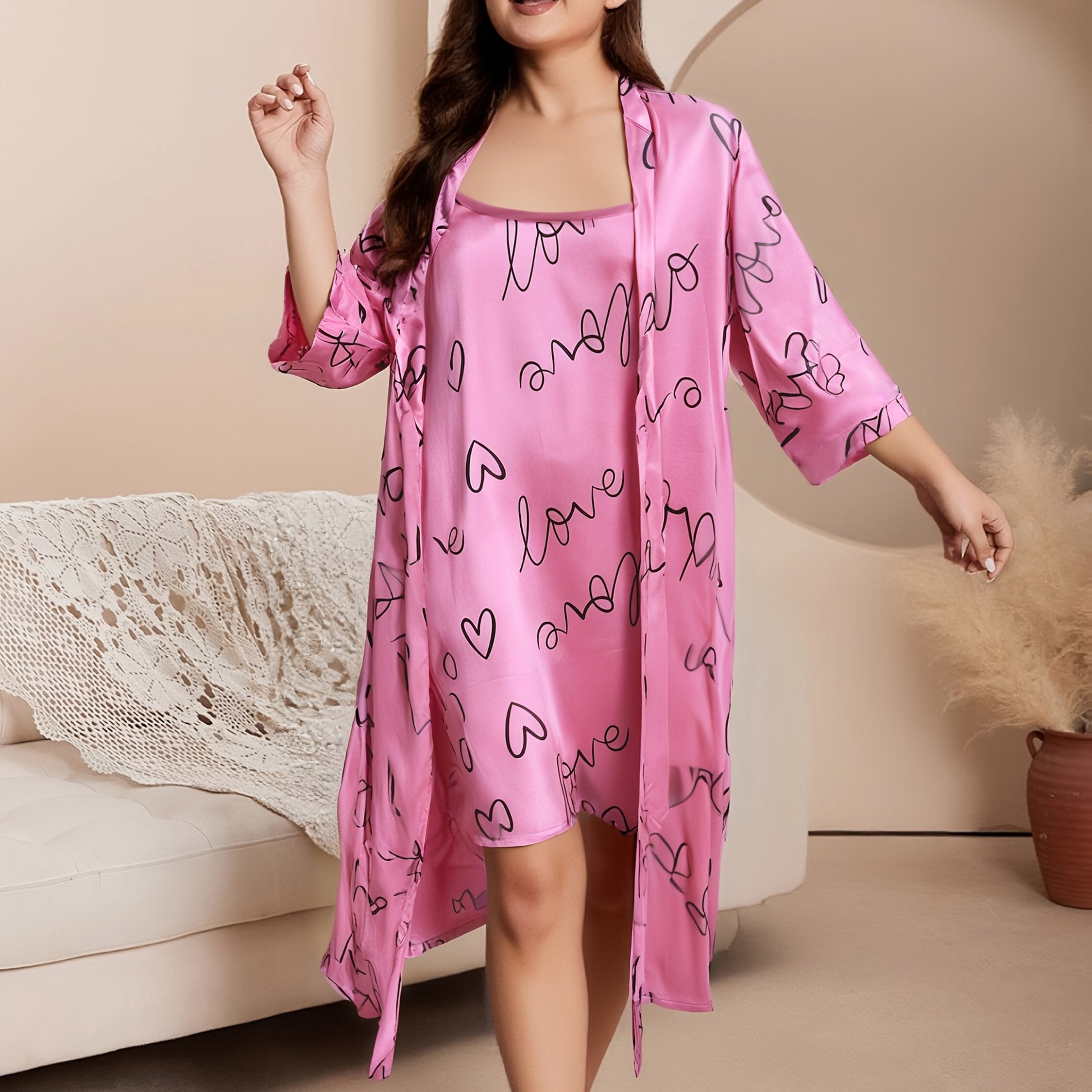 Plus Size Satin Leopard Print Pajama Set with Robe and Cami Dress