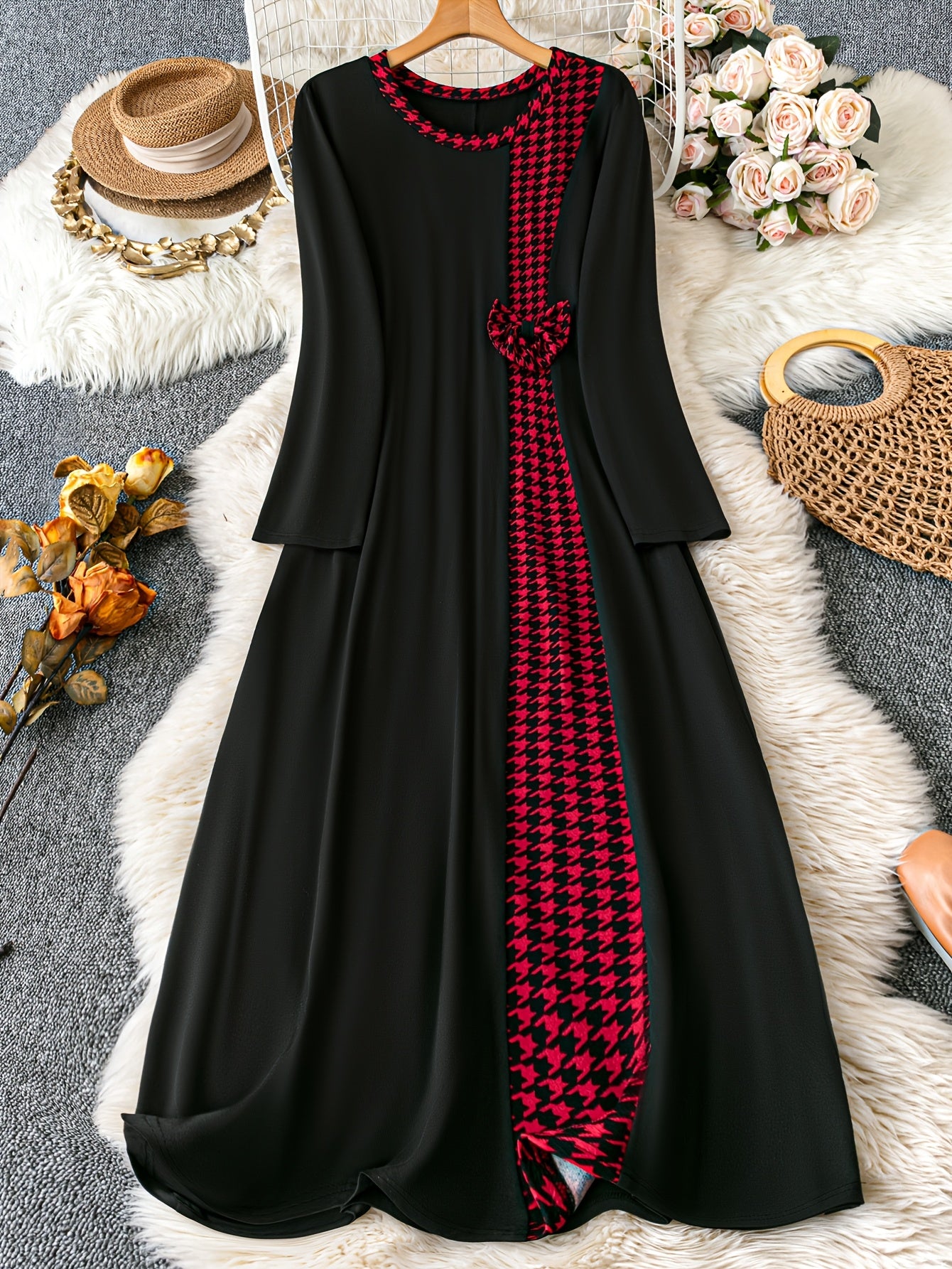 Women's Houndstooth Long Dress Black Red Asymmetrical Hem Round Neck Polyester Blend Spring Summer