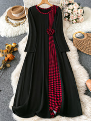Women's Houndstooth Long Dress Black Red Asymmetrical Hem Round Neck Polyester Blend Spring Summer