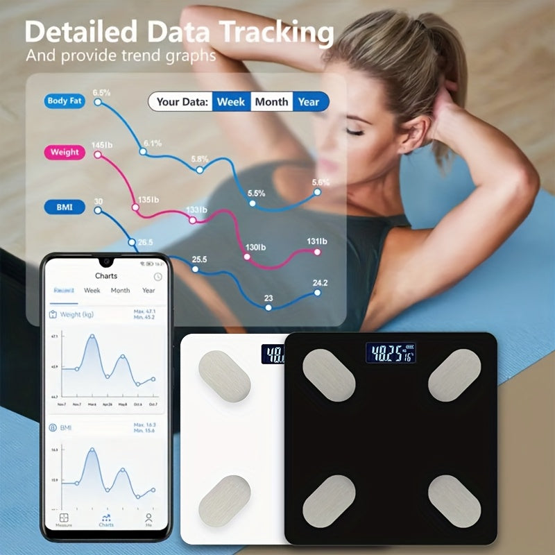 Smart Body Fat Scale with App Connectivity Tempered Glass Panel Indoor Temperature Weight Measurement Max 180kg