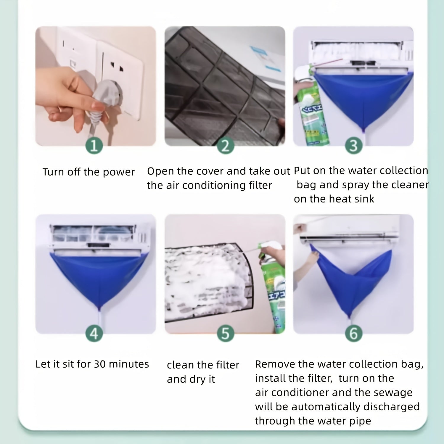 6-Piece Wall-Mounted Air Conditioner Cleaning Kit with Dust Cover and Tools