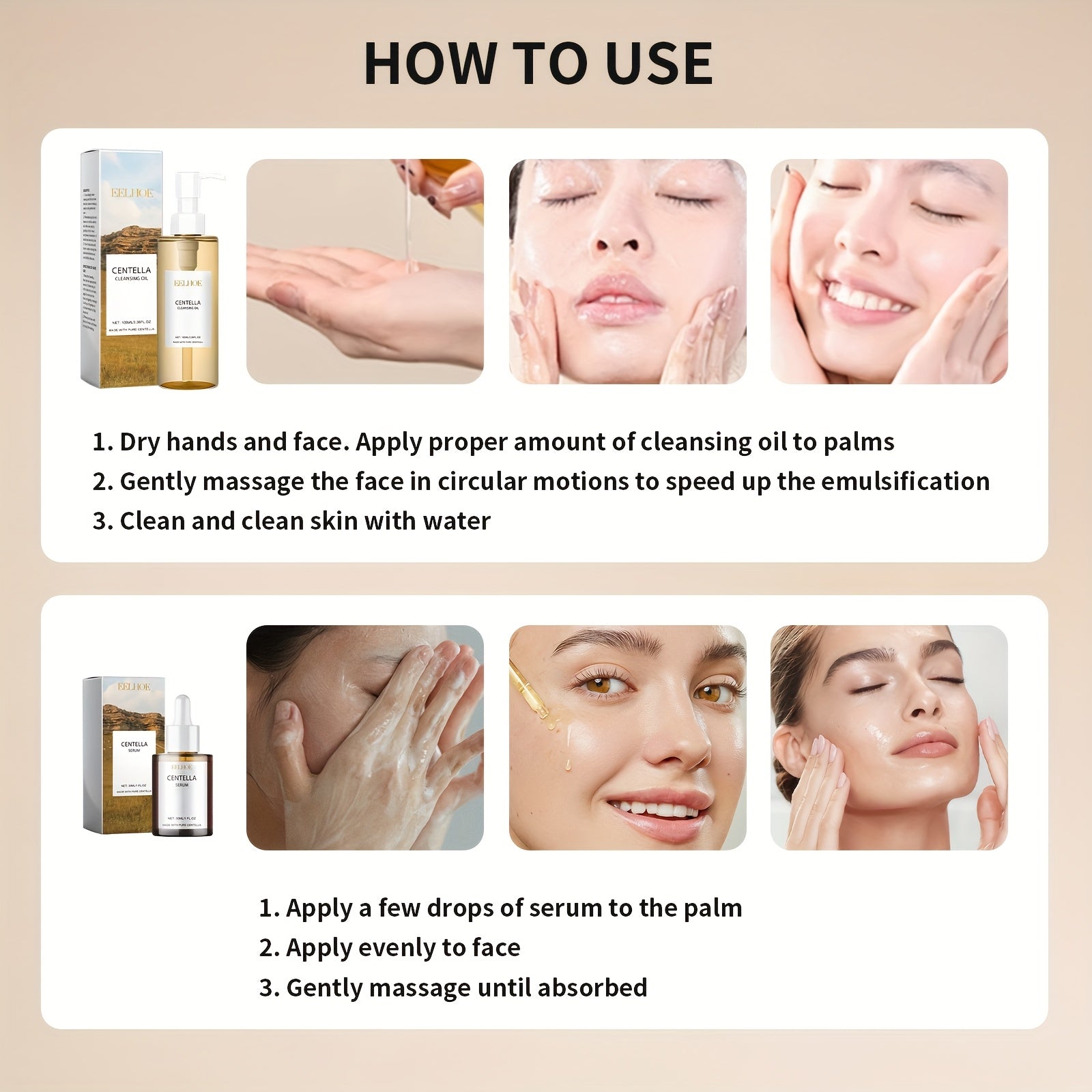 3 dona Centella Asiatica essensiyasi va 1 dona tozalovchi moy yuzni yangilash, yumshoq namlantirish va tozalash uchun ishlaydi, bu esa quruq terini yaxshilash va silliq, yumshoq teriga erishishga yordam beradi.