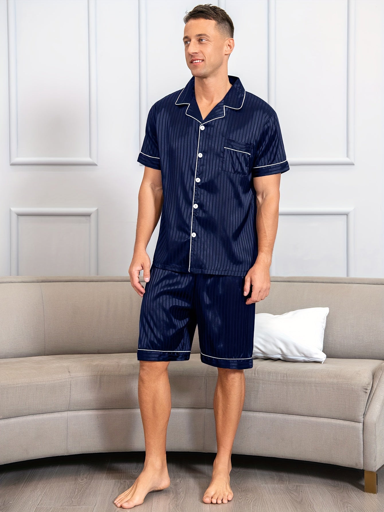 Men's Reversible Collar Summer Pajama Set with Silky Breathable Fabric